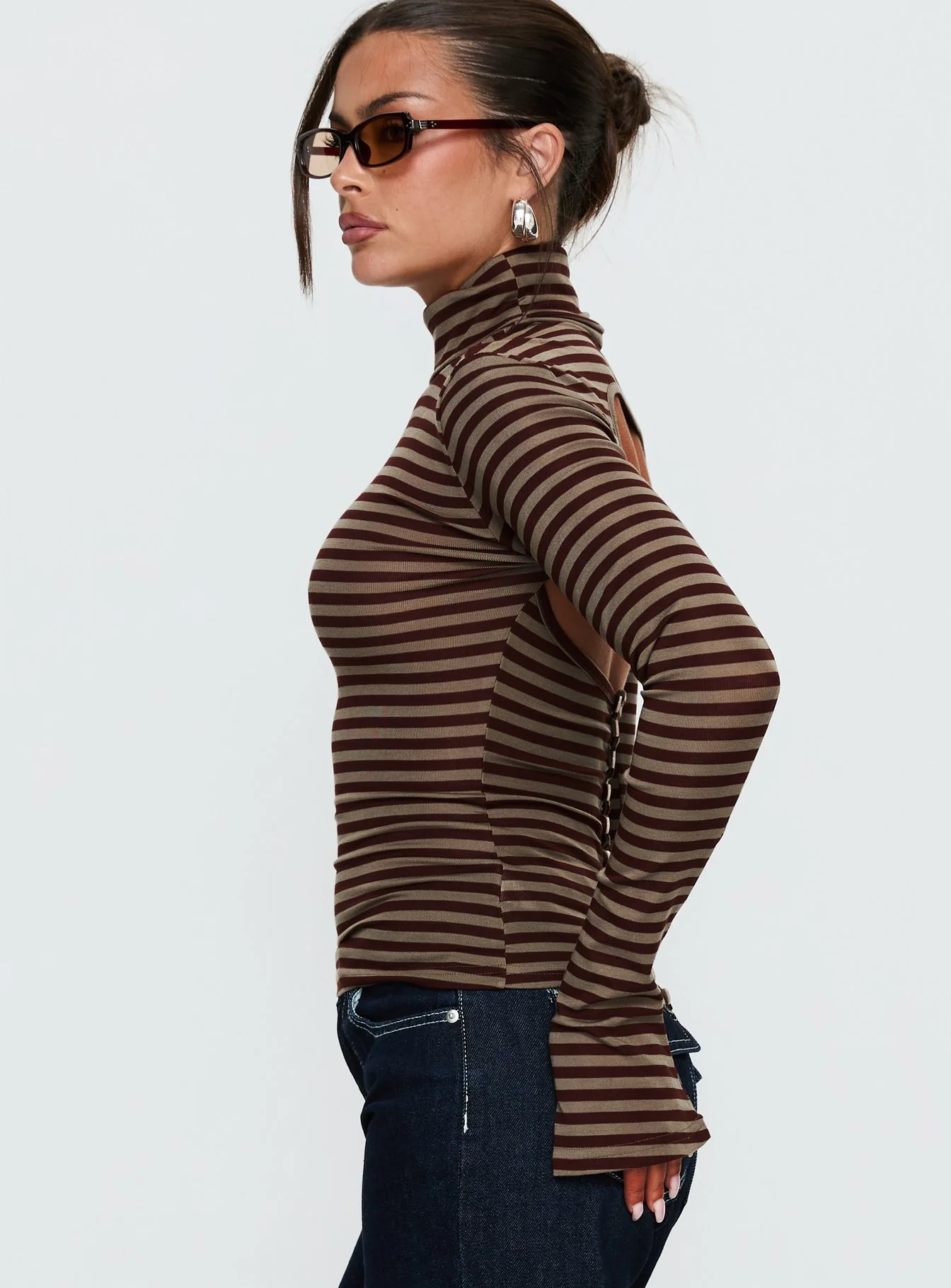 Temika Long Sleeve Backless Top Brown Stripe