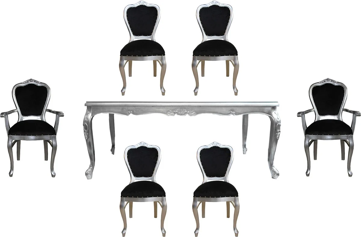 Luxury Baroque Dining Room Set Black / Silver - 1 Dining Table with Glass Top and 6 Chairs - Baroque Dining Room Furniture - Made in Italy - Luxury Collection