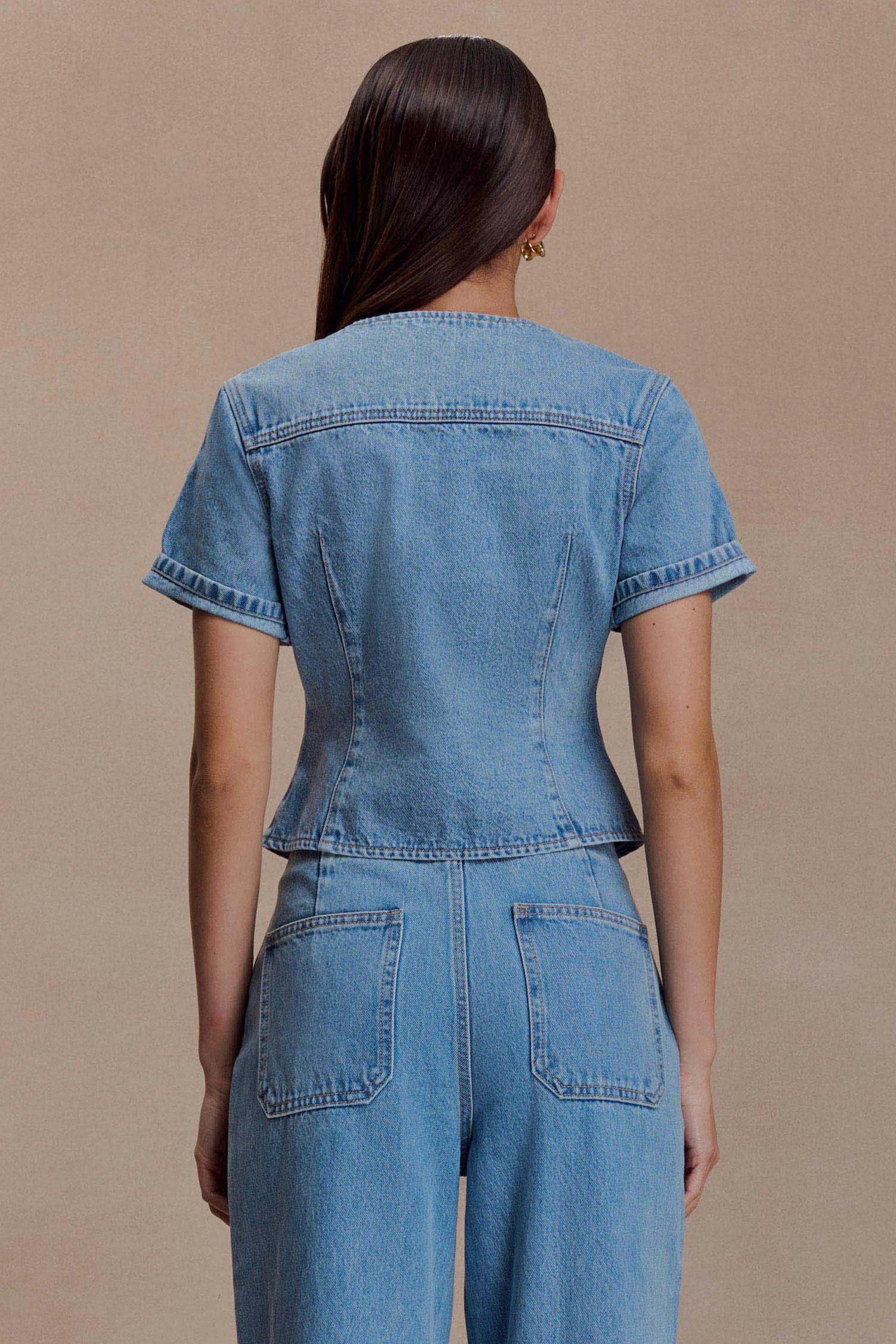 Marge Fitted Denim Short Sleeve Top - Classic Blue