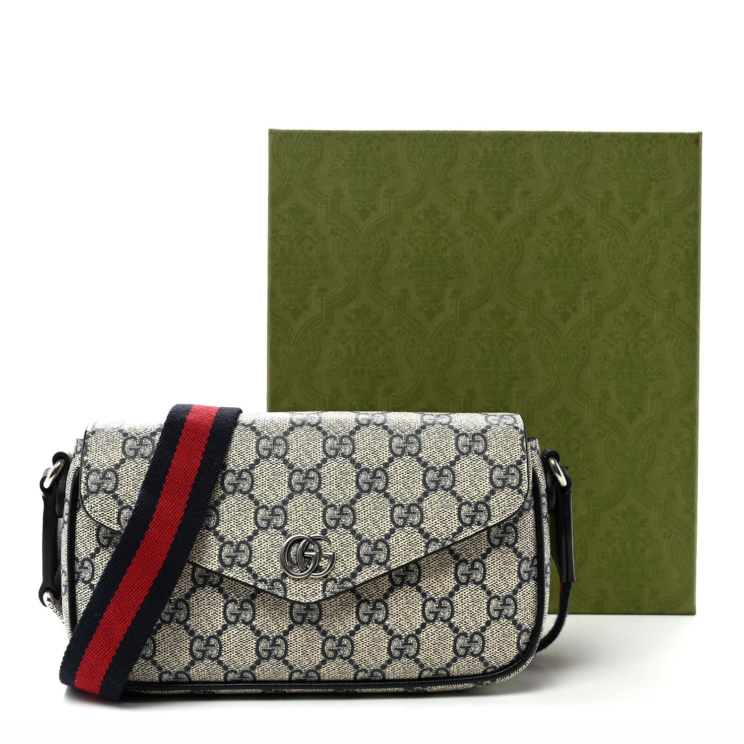 GG Supreme Monogram Textured Dollar Calfskin Web Mini Ophidia Envelope Shoulder Bag Beige Blue - Top Club