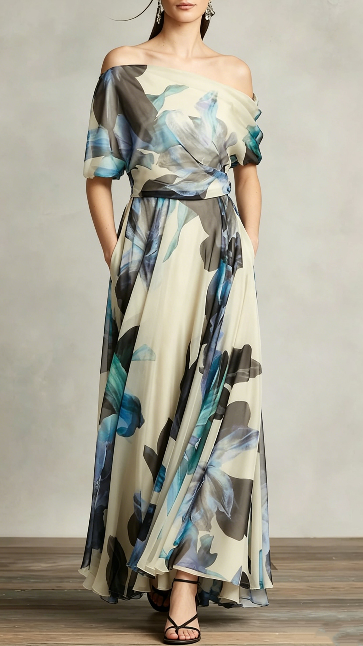 Women's Cotton-Blend Off-Shoulder Floral Maxi Dress for Garden Party Events - Nordfashionstorm - Women's Clothing, Fashion for You - Nordfashionstorm.com