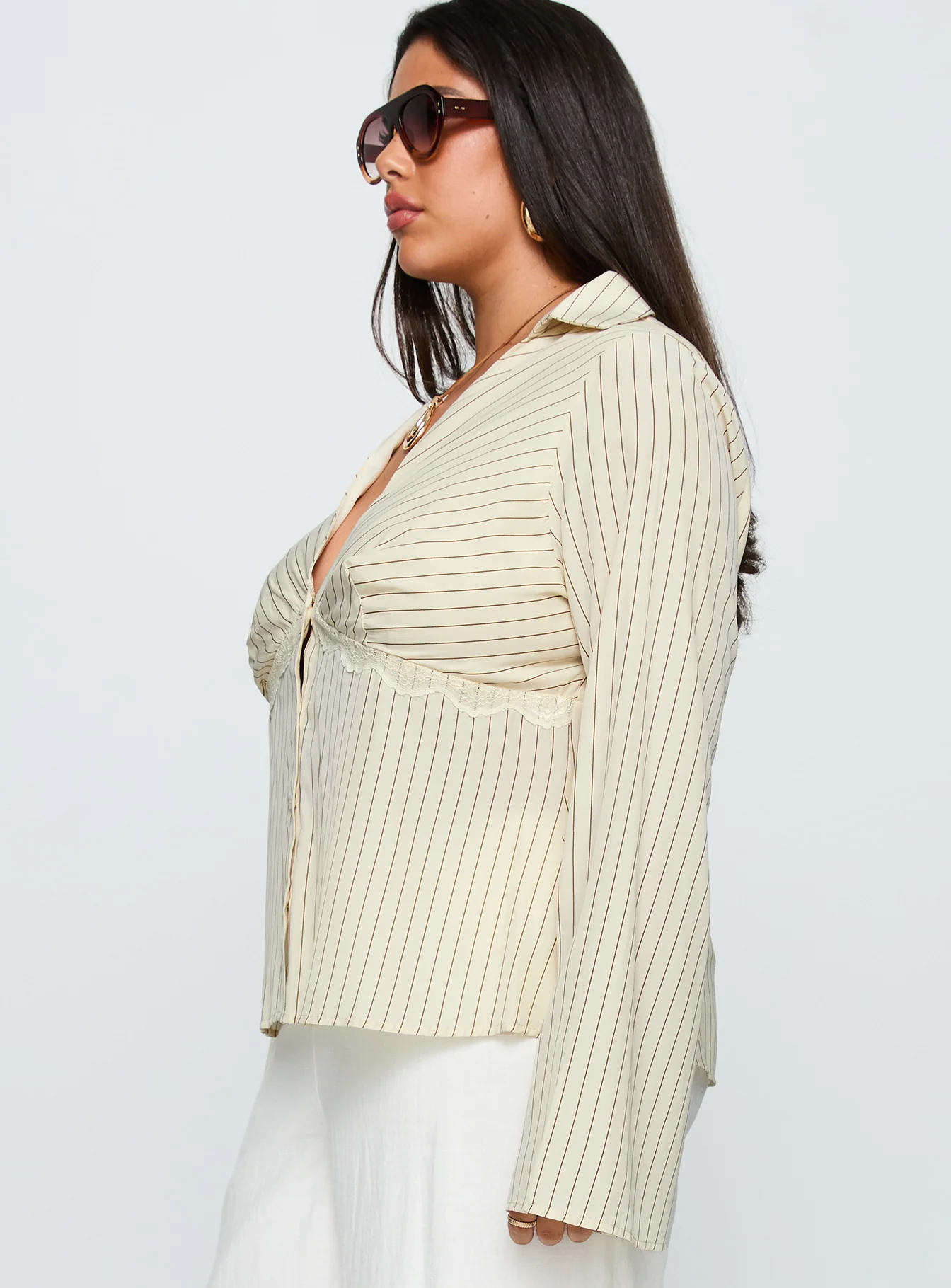 Life Begins Long Sleeve Lace Trim Top Cream Stripe Curve