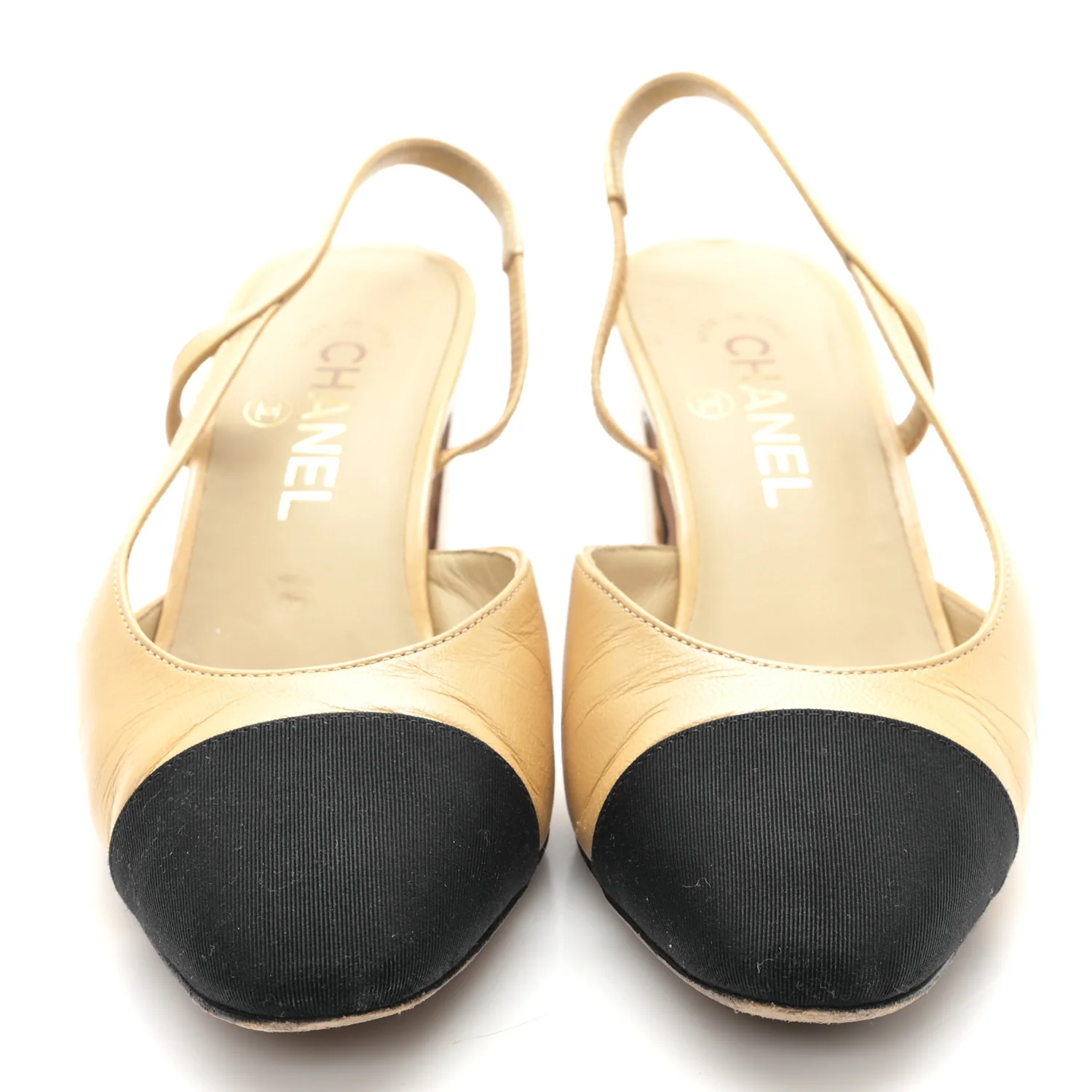 Goatskin Grosgrain Cap Toe CC Slingback Pumps 38.5 Beige Black - Top Club