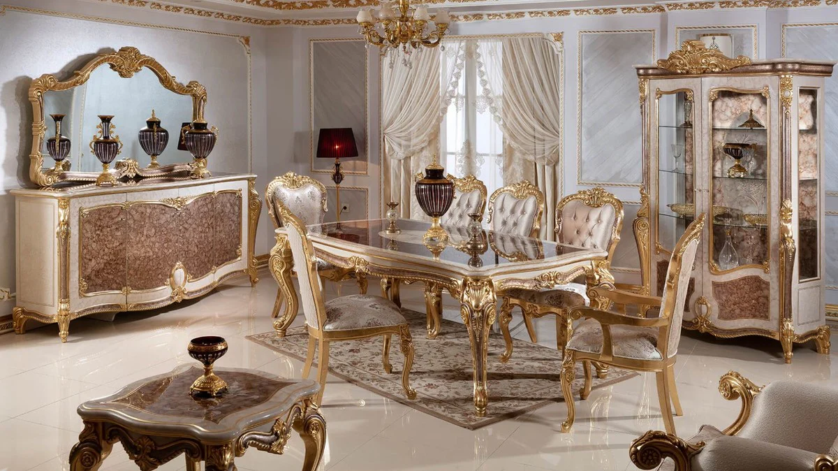 Luxury Baroque Dining Room Set White / Silver / Brown / Gold - 1 Baroque Dining Table & 6 Baroque Dining Chairs - Baroque Dining Room Furniture - Noble & Magnificent