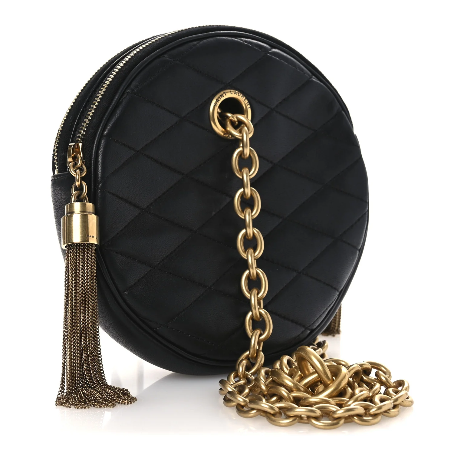 Lambskin Quilted Round Le Maillon Round Tassel Chain Crossbody Bag Black - Top Club