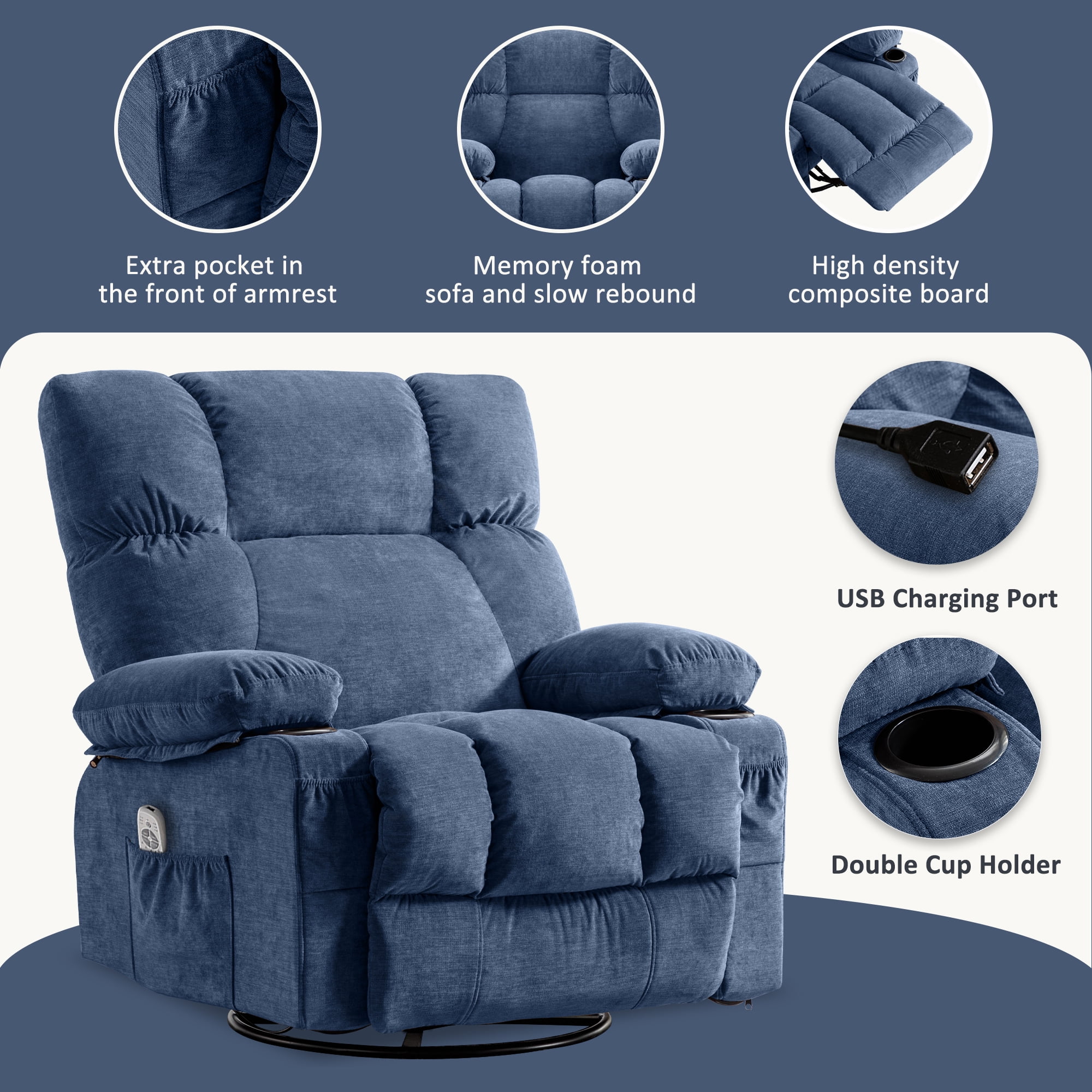 JONPONY Manual Recliner Chair with Heat Therapy and Massage Function, Heavy Duty Reclining Mechanism Massage Chair, Elderly Single Rocker Sofa with Cup Holders for Bedroom Home Theater, Grey