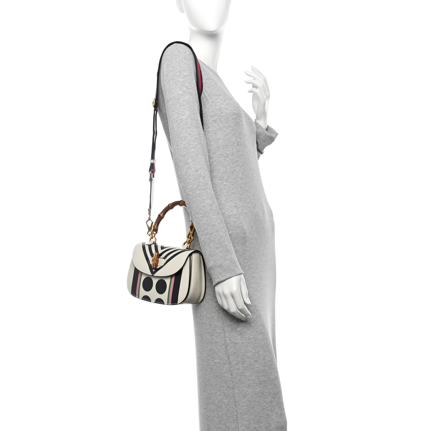 Calfskin Web Geometric Print Small Bamboo 1947 Top Handle Bag White Multi
