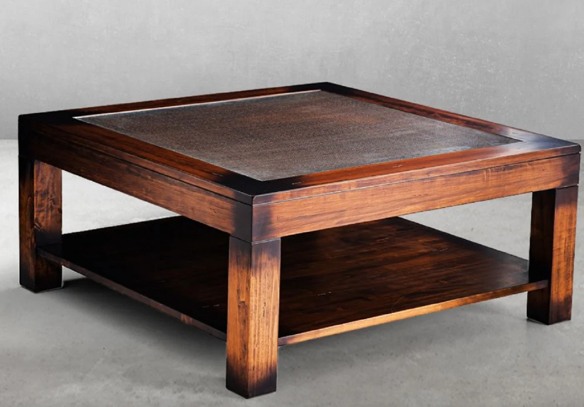 Luxury vintage style coffee table brown 100 x 100 x H. 45.5 cm - Square solid wood living room table with glass top - Vintage style living room furniture - Luxury furniture