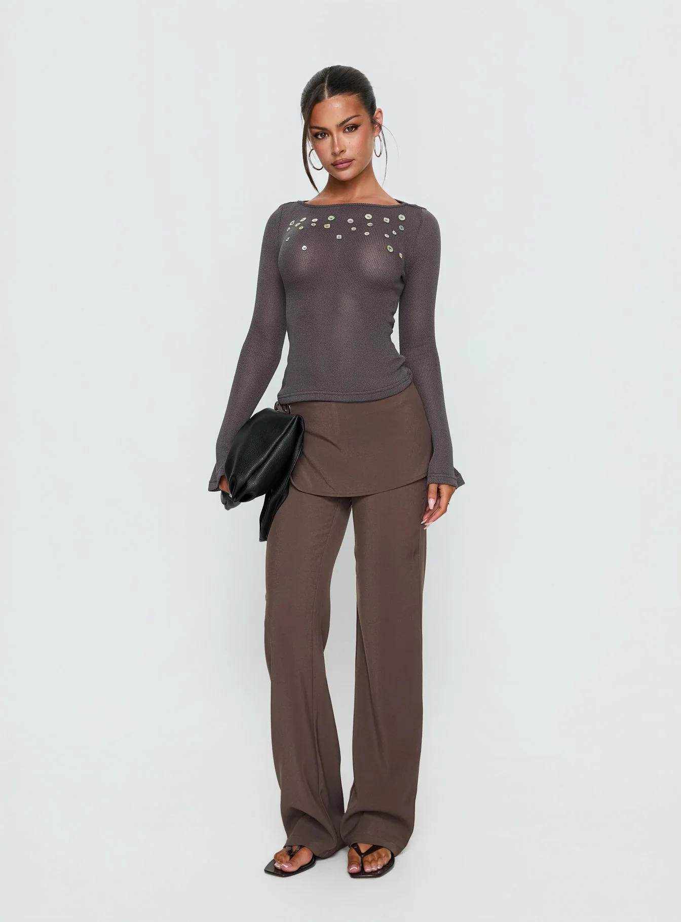 Andia Long Sleeve Sheer Embellished Top Grey