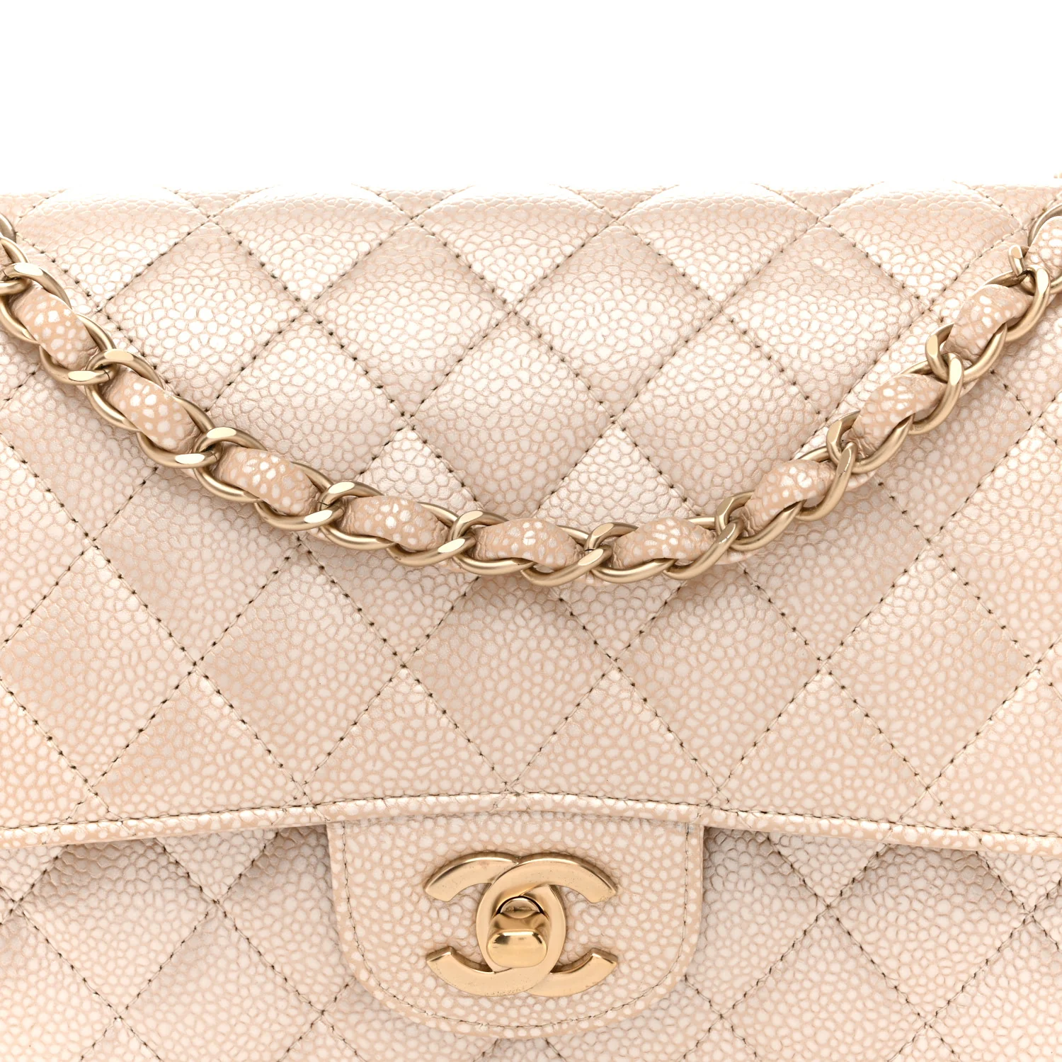 Pearly Caviar Quilted Medium Double Flap Light Beige - Top Club