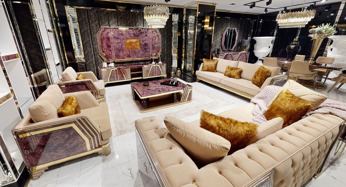 Luxury Art Deco Living Room Set Beige / Purple / Gray / Gold - 2 Sofas & 2 Armchairs & 1 Coffee Table - Luxury Art Deco Living Room & Hotel Furniture
