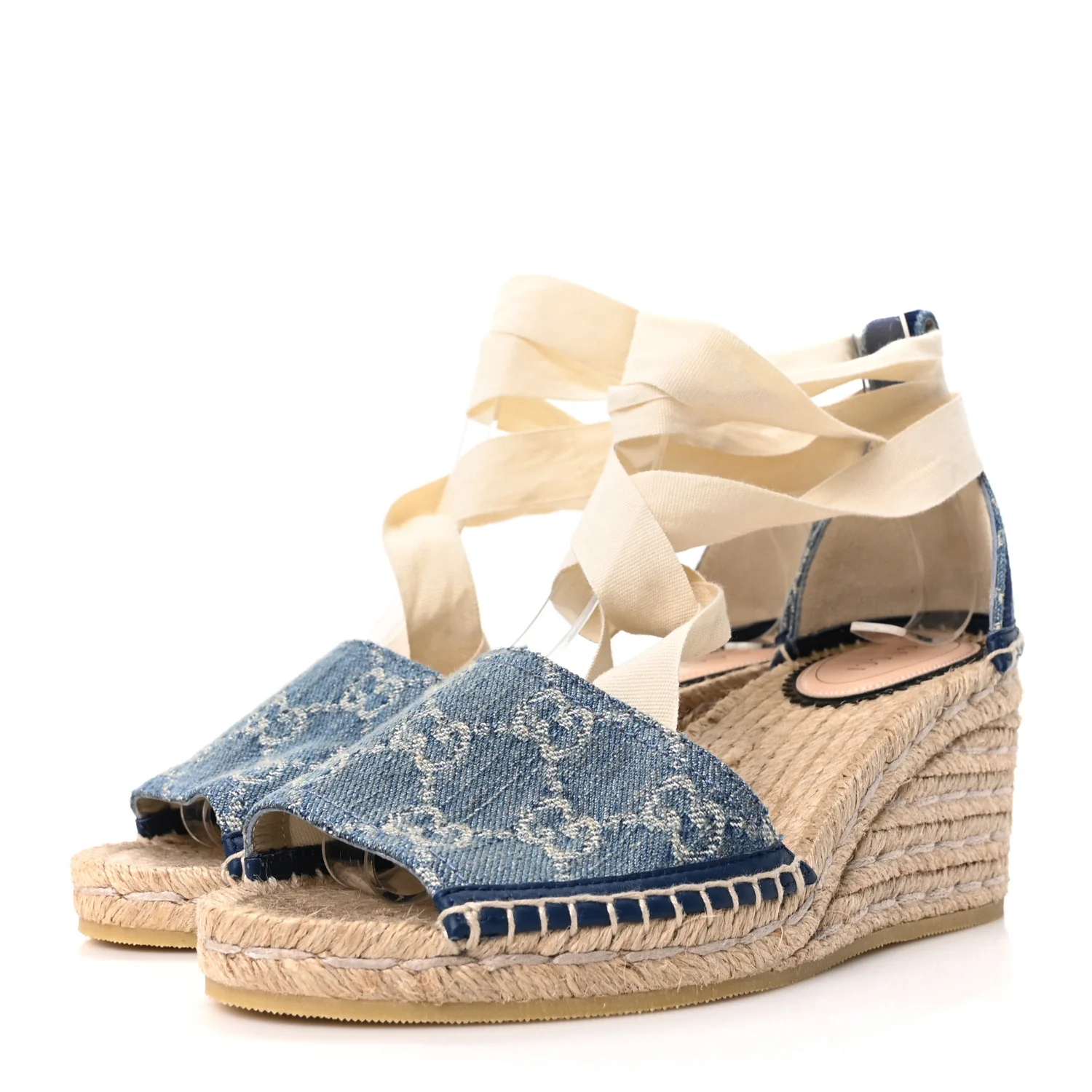 New Denim GG Monogram Pilar Ankle Wrap Espadrille Wedge Sandals 36.5 Light Blue - Top Club