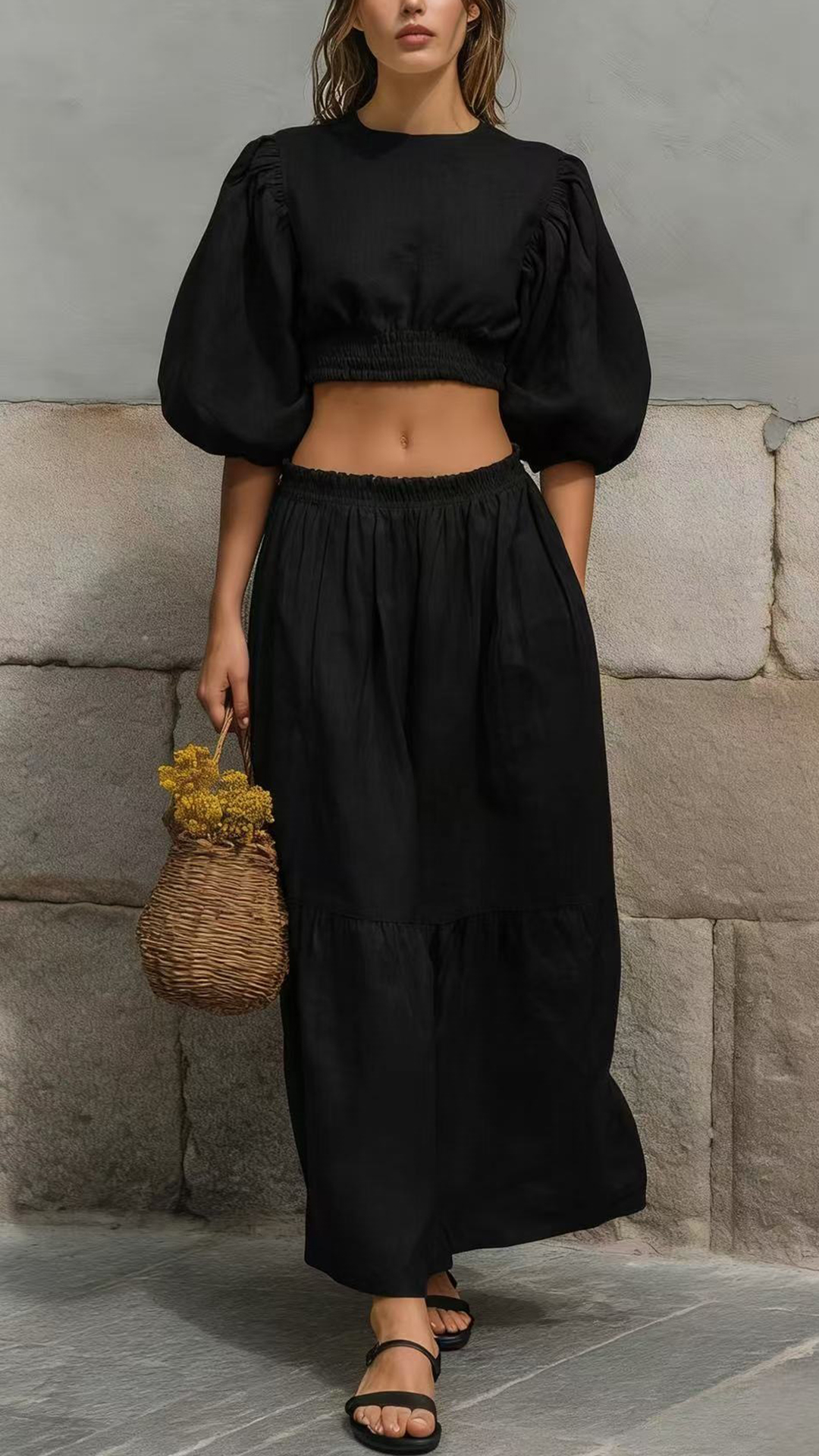 Women's Cotton-Blend Puff-Sleeve Crop Top & Skirt Set - Nordfashionstorm - Women's Clothing, Fashion for You - Nordfashionstorm.com
