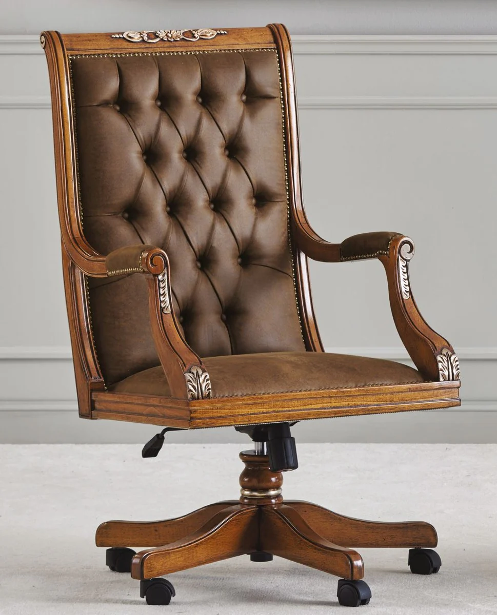 Luxury Baroque Chesterfield Leather Desk Chair Brown - Height-adjustable Baroque style office chair with high-quality genuine leather - Baroque office furniture - Luxury quality - Made in Italy