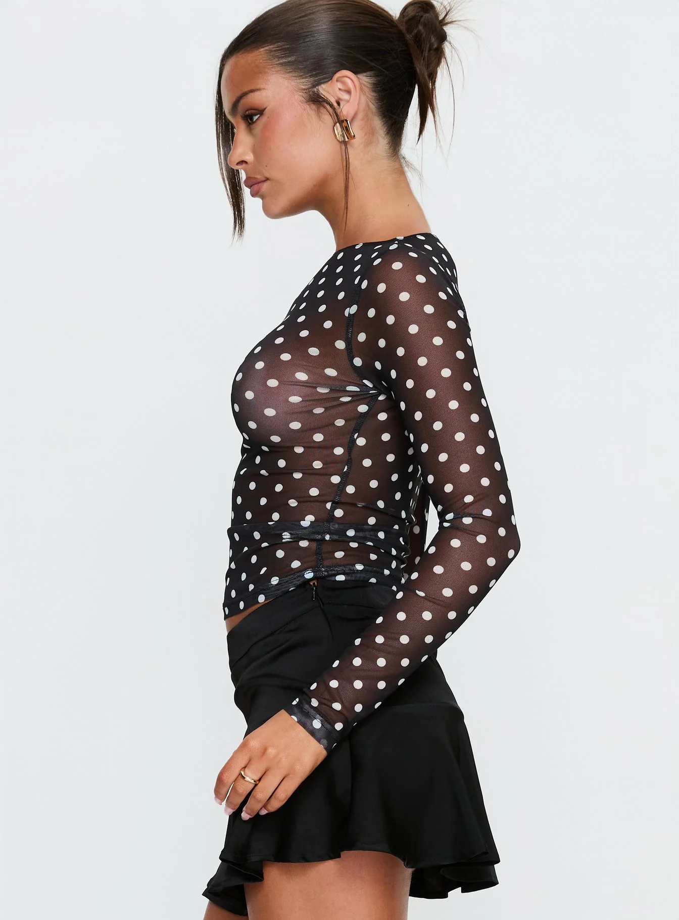 Rosenda Mesh Long Sleeve Top Black / White Polka