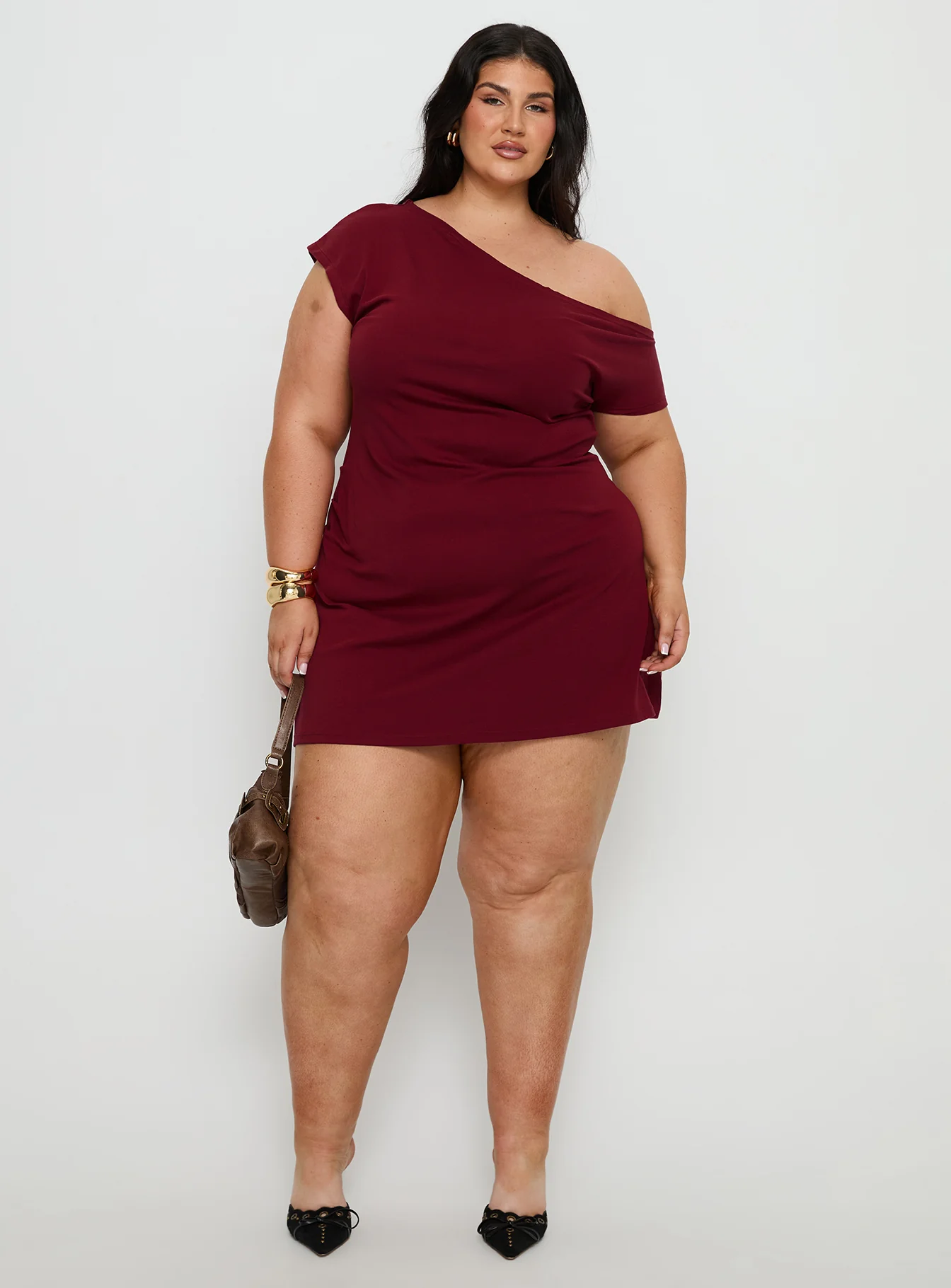 Prestige One Shoulder Mini Dress Burgundy Curve