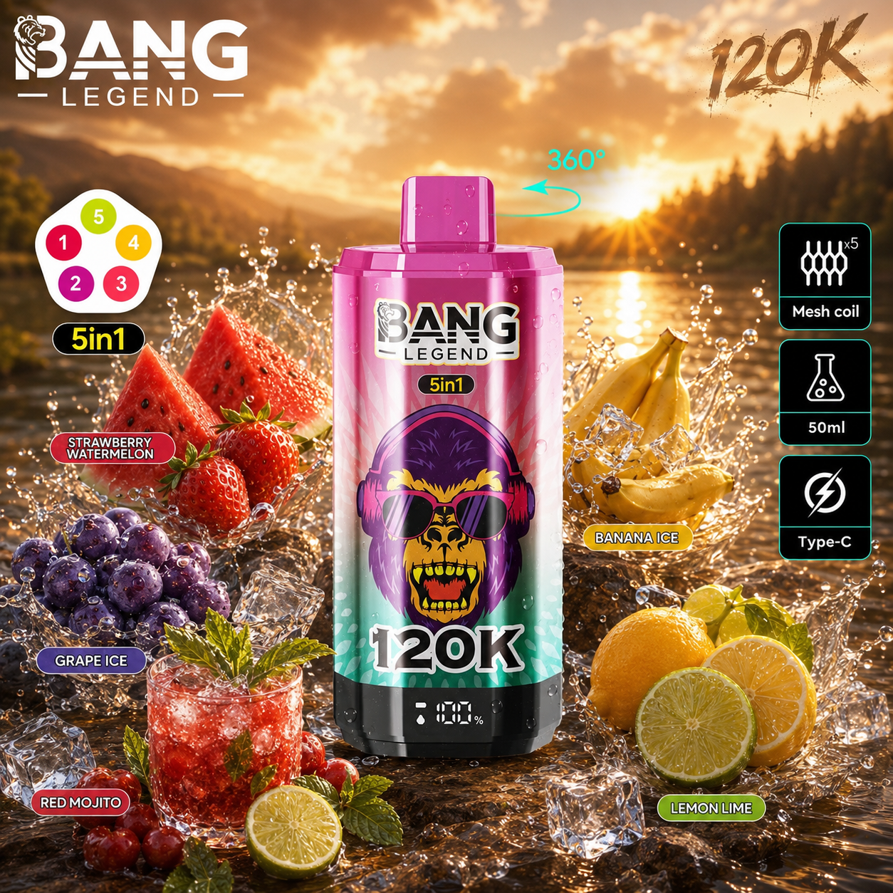 Jahoda a meloun + Ledové hrozno + Červené Mojito + Ledový banán + Citrón a limetka | Bang Legend vape 120 000 potahů