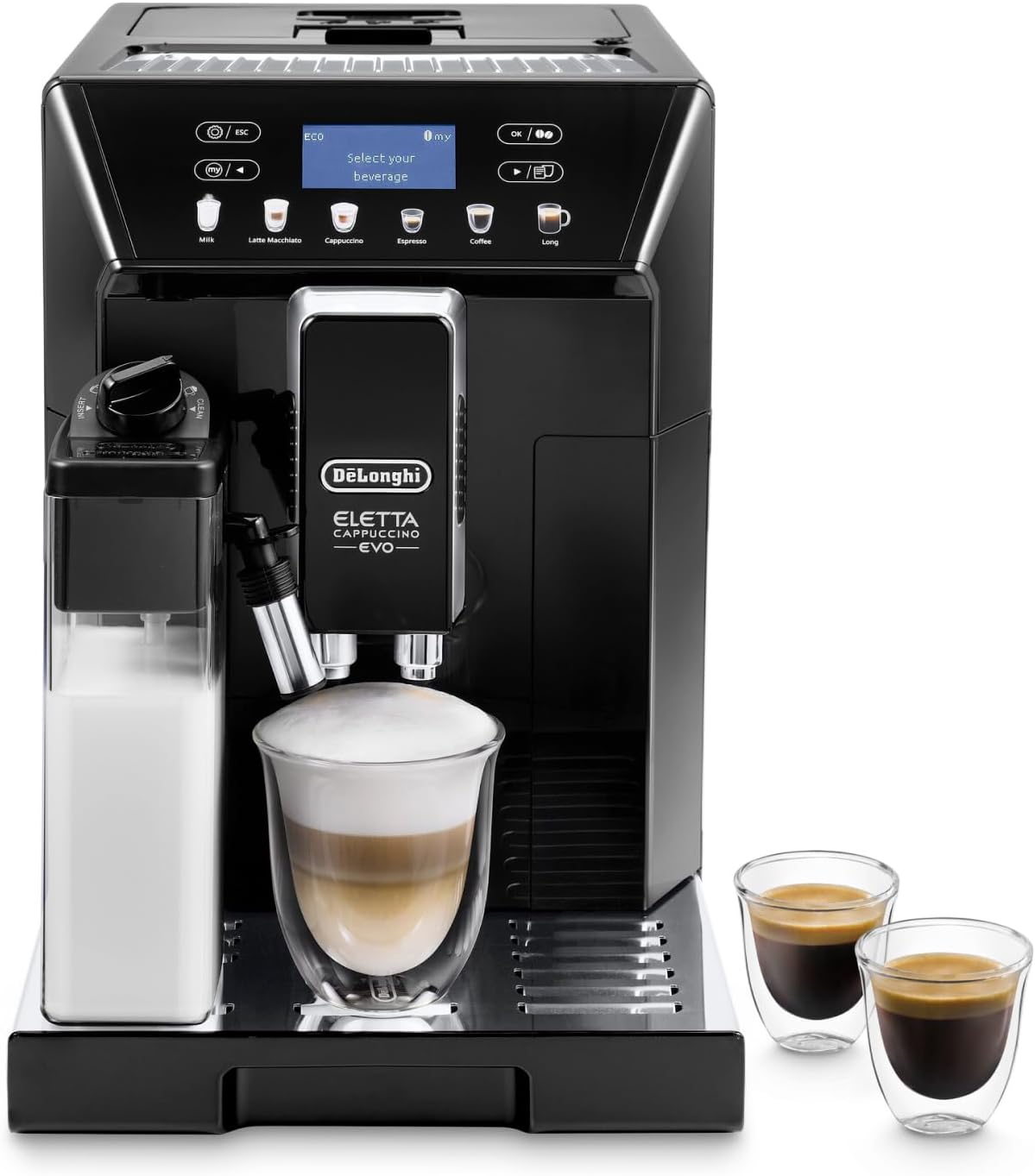 Eletta Evo ECAM 46.860.B macchina da caffè automatica, con sistema lattecrema, cappuccino ed espresso premendo un pulsante, display LCD e tasti sensori, 2 litri, colore nero