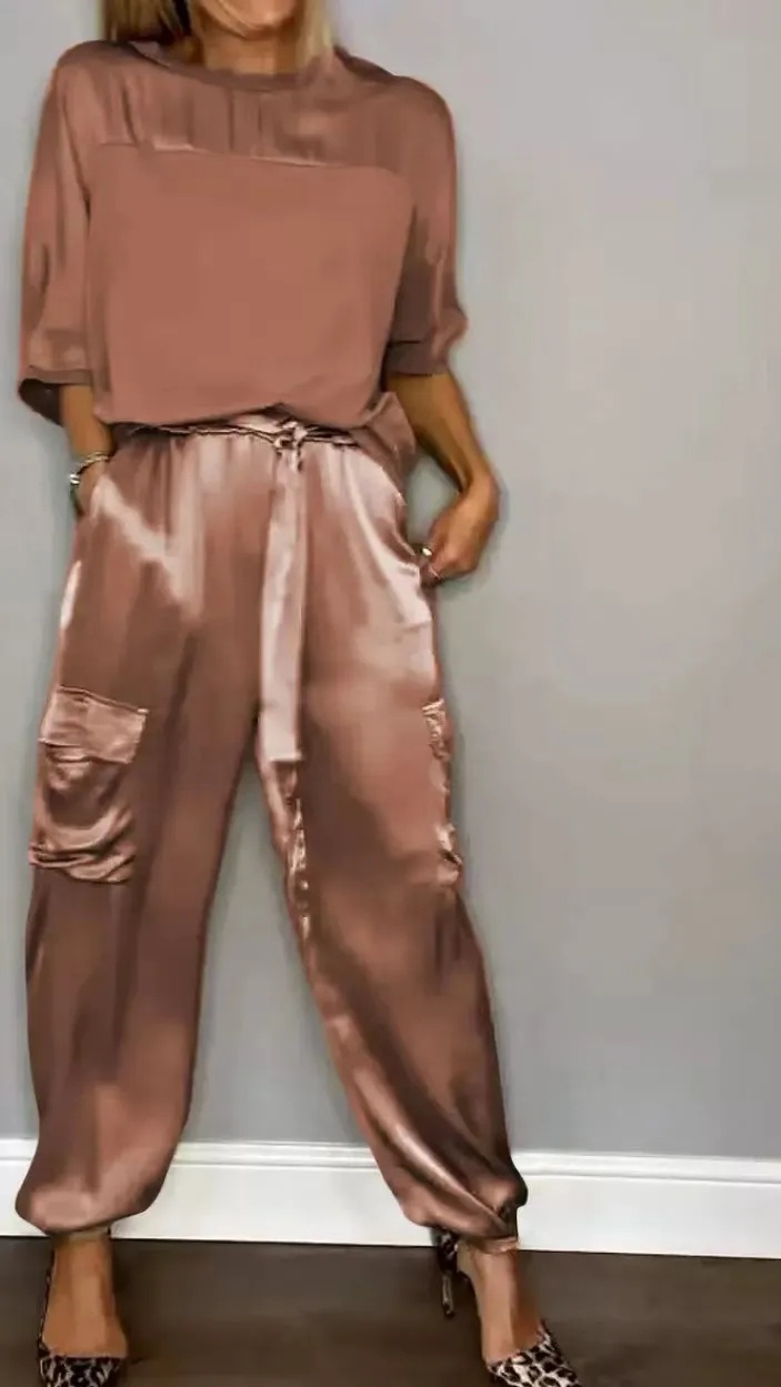 Women's Silky Loose-Fit Top and Pants Two-Piece Set - Nordfashionstorm - Women's Clothing, Fashion for You - Nordfashionstorm.com