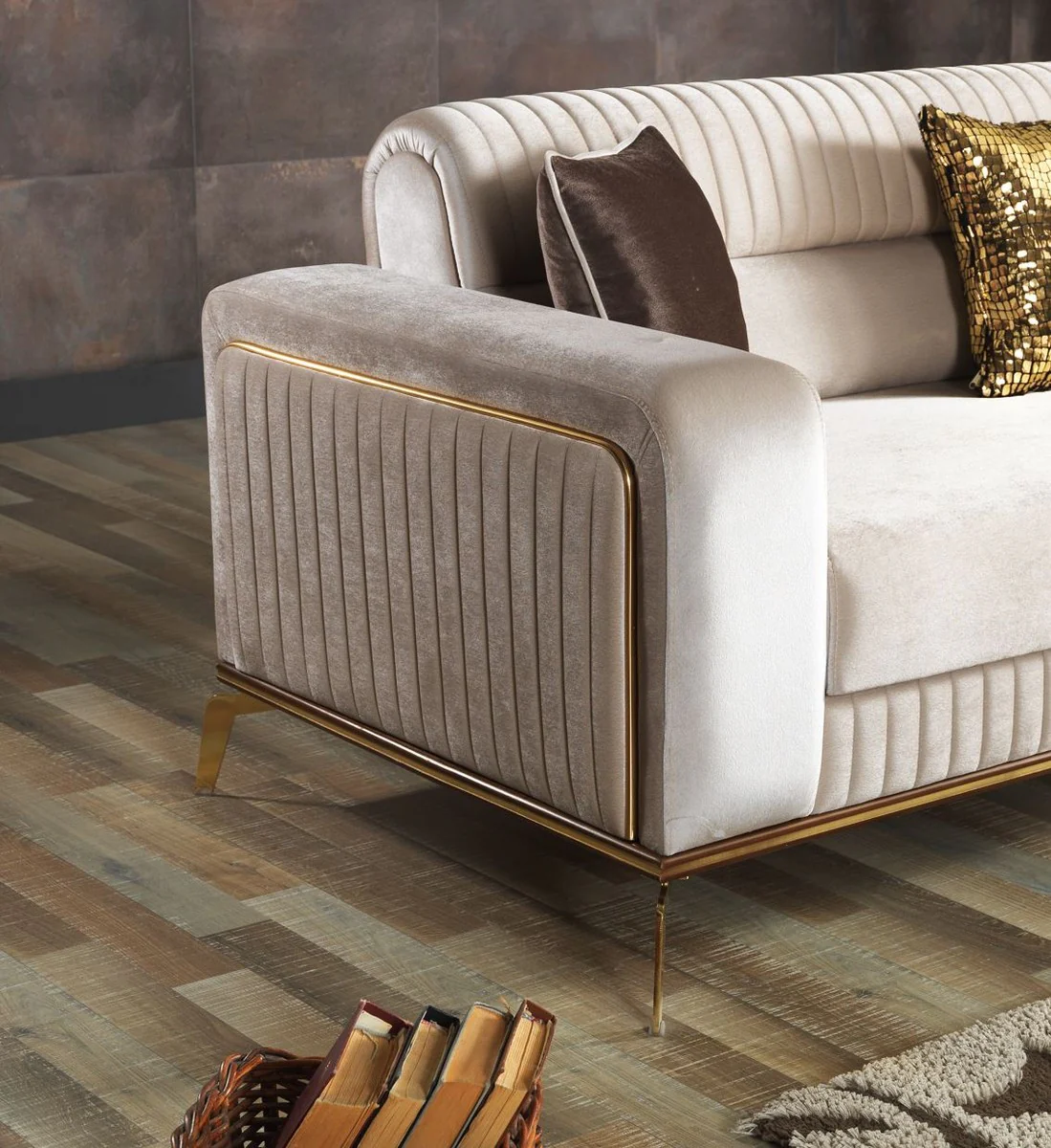 Luxury sofa bed cream / brown / gold 225 x 92 x H. 83 cm - living room sofa with 3 cushions - luxury living room furniture