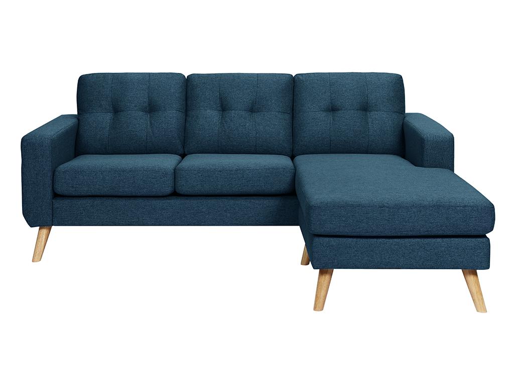 Sofá rinconera reversible de tela azul oscuro patas de madera