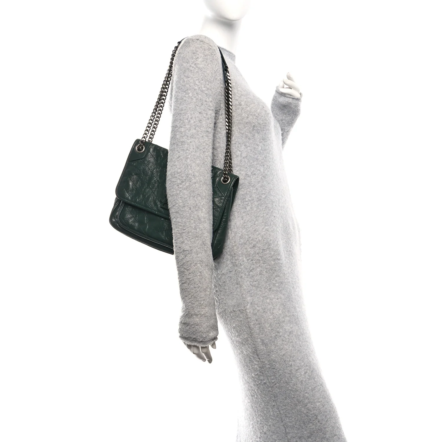 Crinkled Calfskin Matelasse Monogram Medium Niki Chain Satchel Dark Green