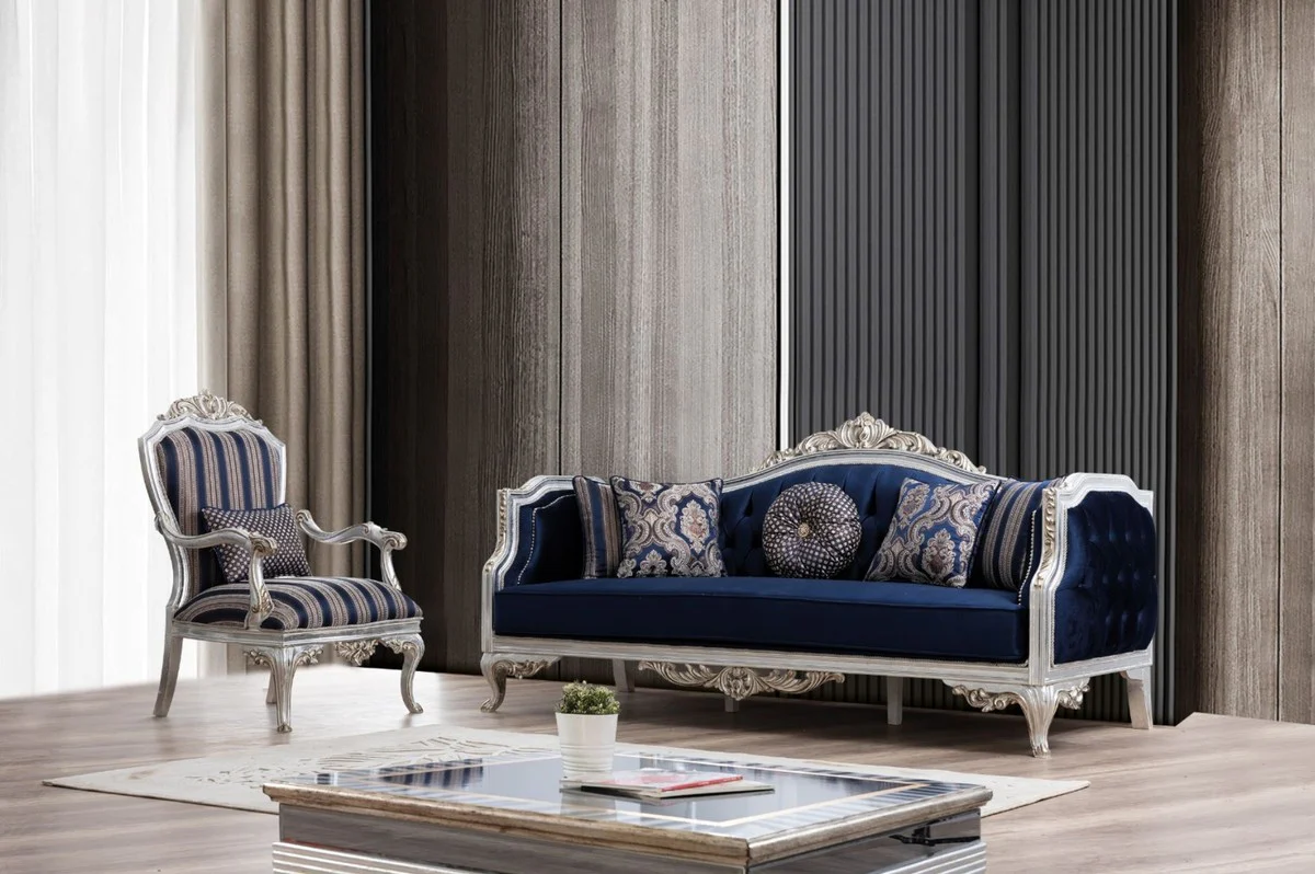 Luxury Baroque Living Room Set Blue / Silver / Gold - 2 Sofas & 2 Armchairs & 1 Coffee Table - Living Room Furniture in Baroque Style - Noble & Magnificent