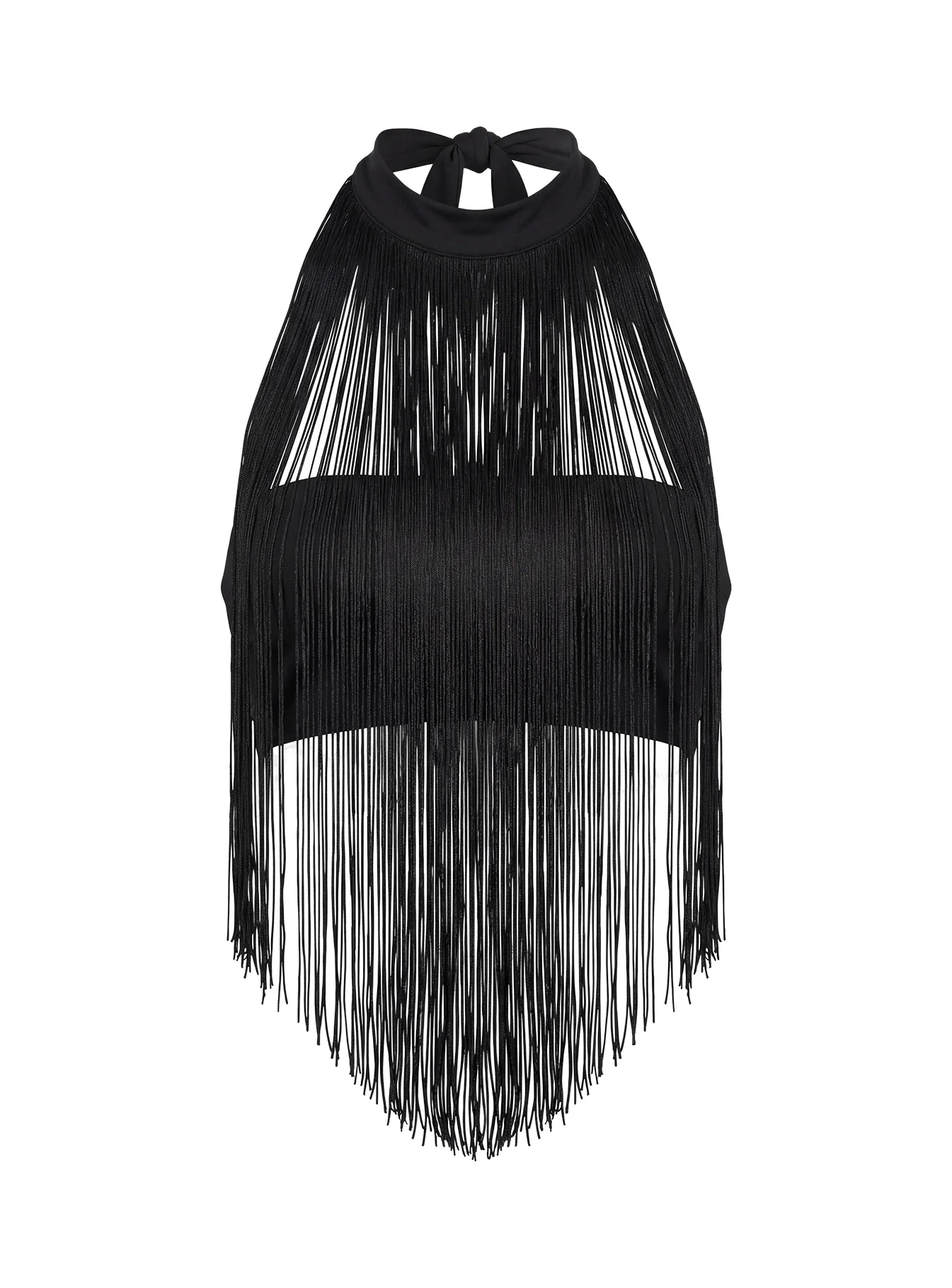 Zephyrine Fringe Asymmetrical Halter Top Black