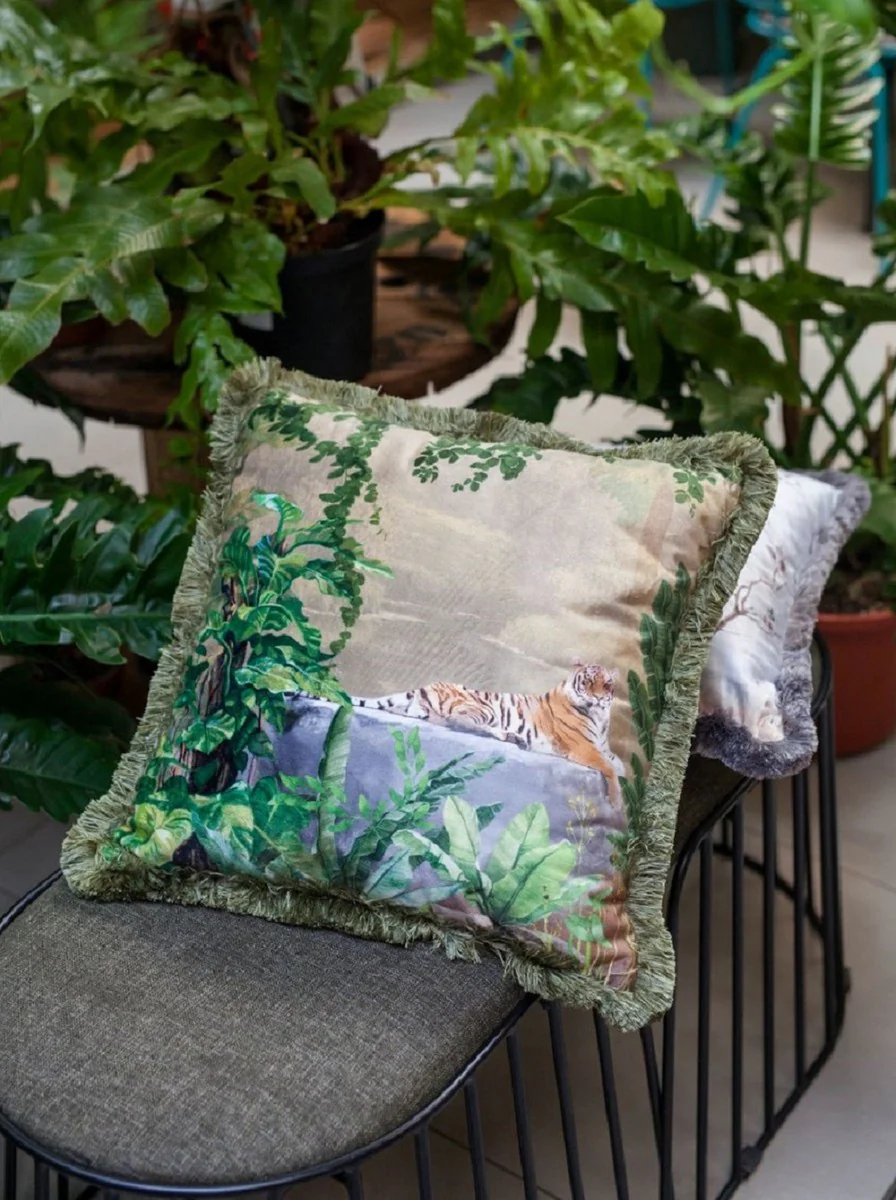 Luxury decorative cushion jungle & tiger multicolored / green 45 x 45 cm - printed velvet cushion with fringes - elegant decorative cushion - luxury collection