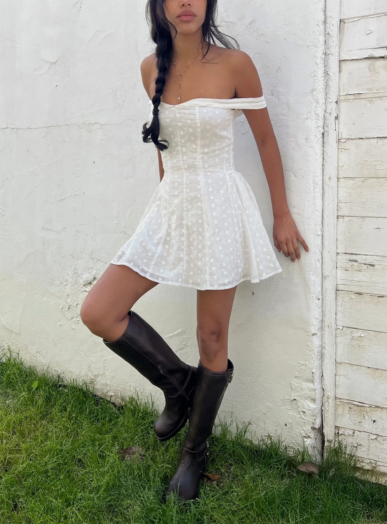 Rosebud Broderie Off The Shoulder Mini Dress White