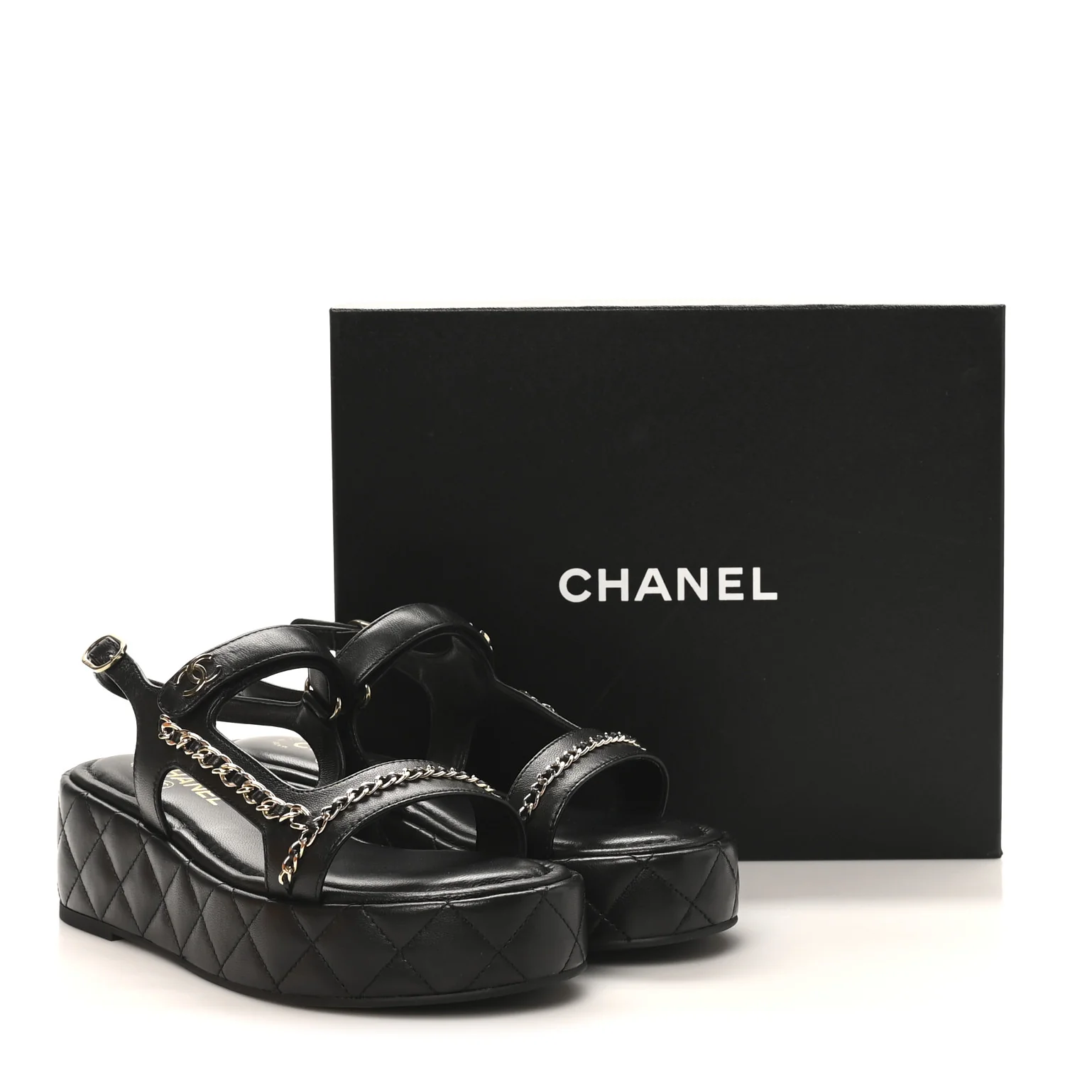 Lambskin Quilted Chain CC Platform Sandals 39.5 Black - Top Club