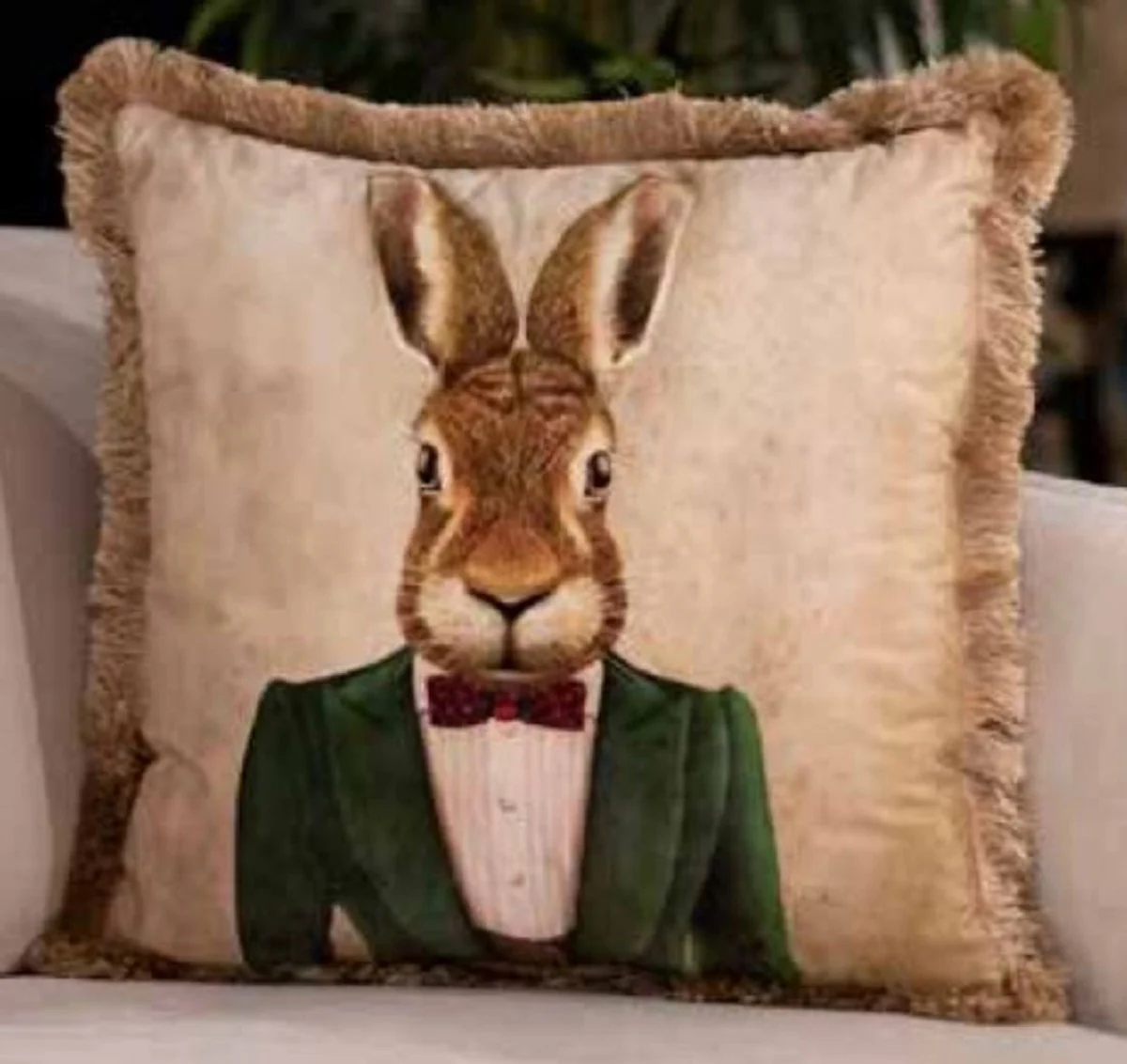 Luxury decorative cushion gentleman rabbit cream / multicolored / brown 45 x 45 cm - printed velvet cushion with fringes - luxury quality