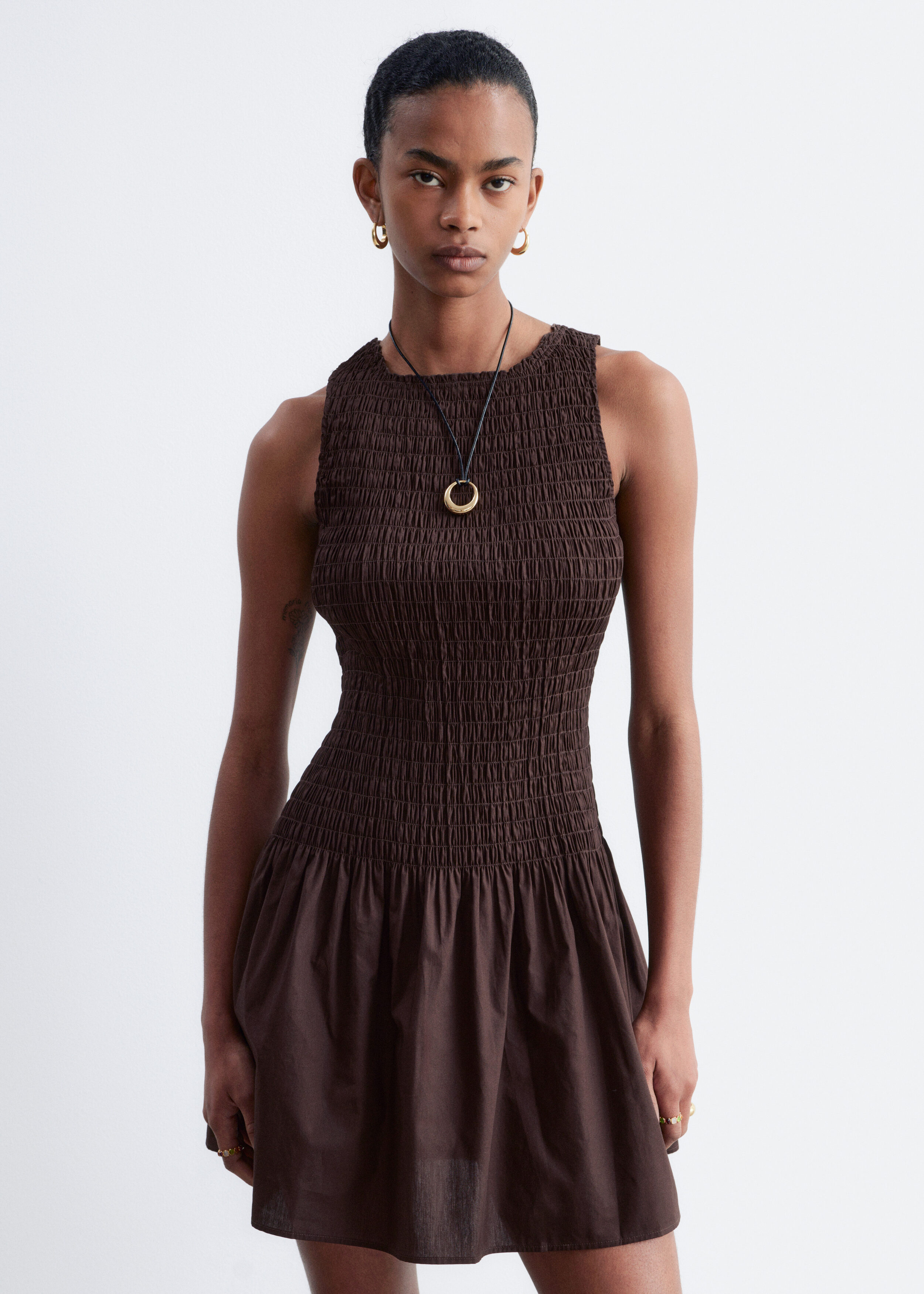 & Other Stories SMOCKED COTTON POPLIN MINI DRESS