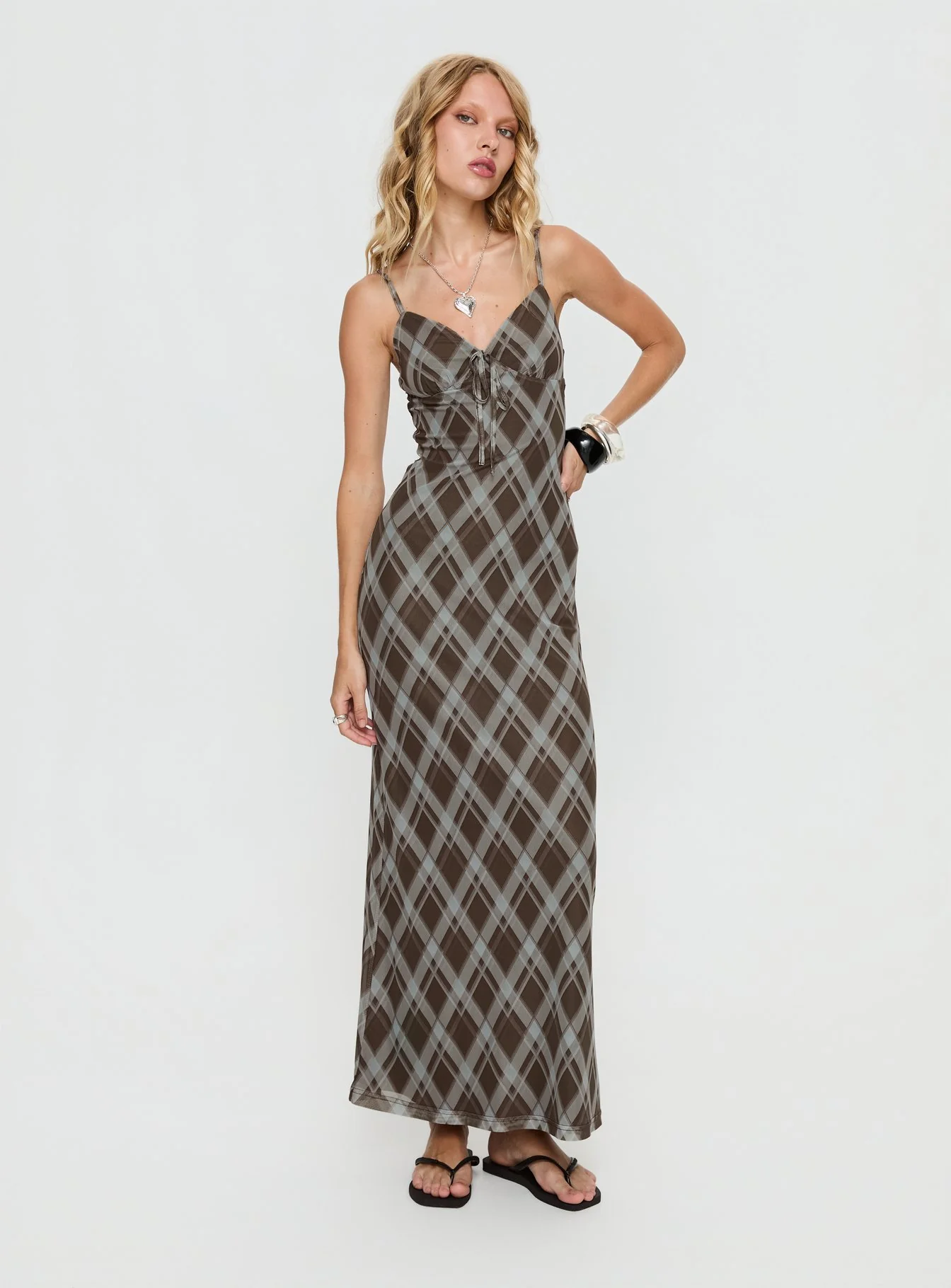 Idaline V Neck Maxi Dress Brown Check