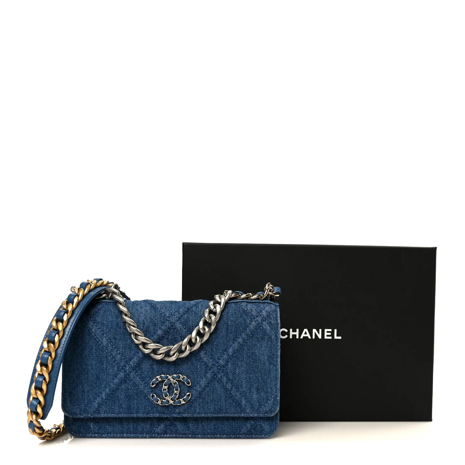 Denim Quilted Chanel 19 Wallet On Chain WOC Blue - Top Club