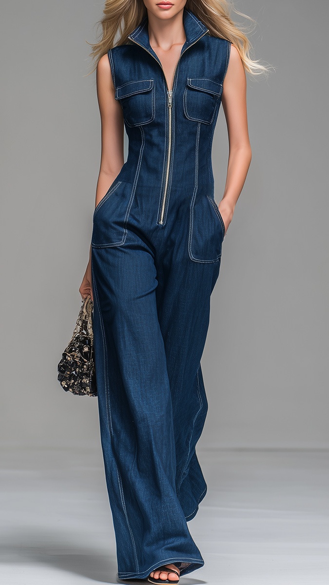 Women's Faux-Denim Retro Stand-Collar Sleeveless Zip-Front Jumpsuit - Nordfashionstorm - Women's Clothing, Fashion for You - Nordfashionstorm.com