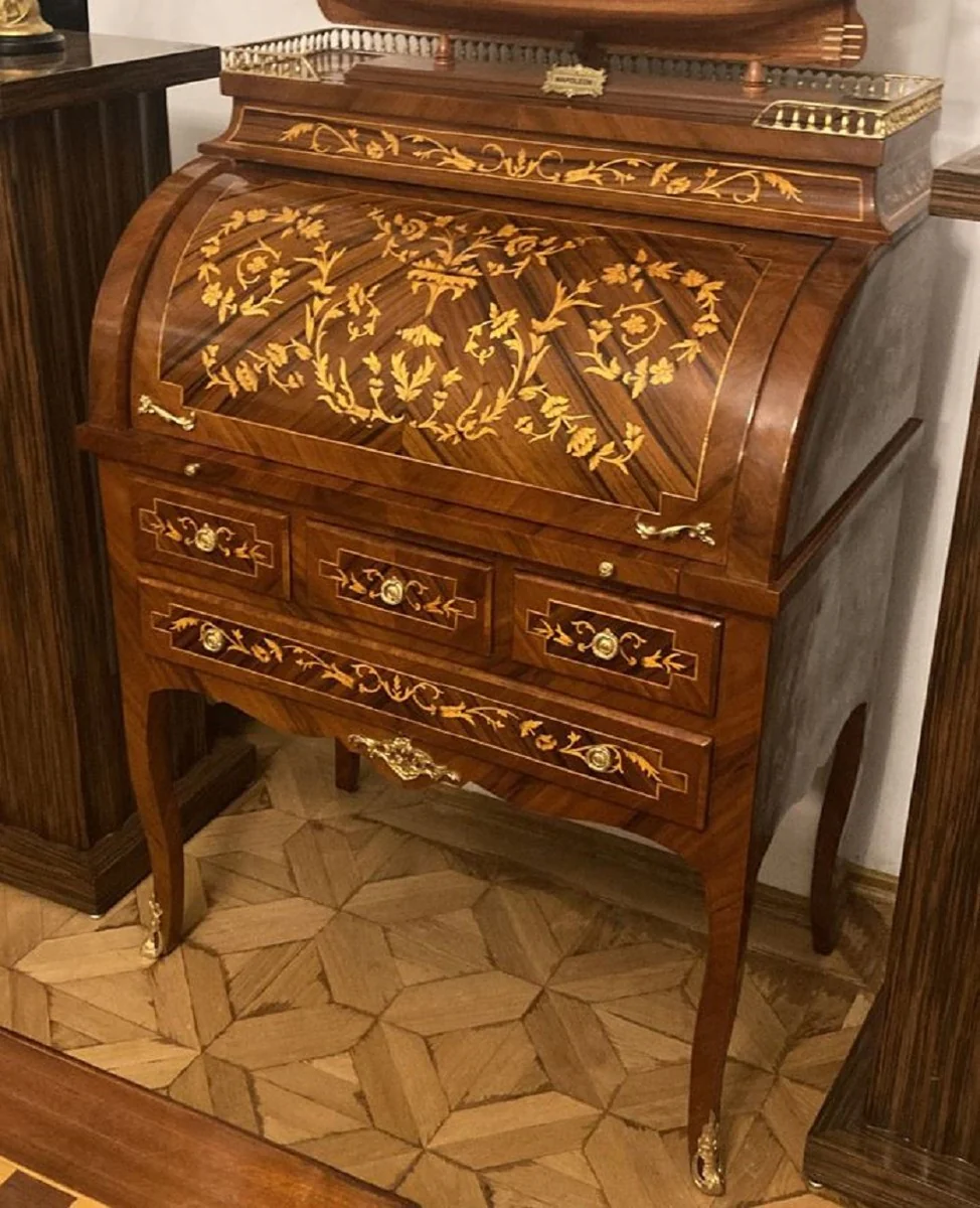 Baroque secretary brown / inlaid gold - handmade baroque style desk with 8 drawers - office furniture in baroque style - baroque furniture - baroque furnishings