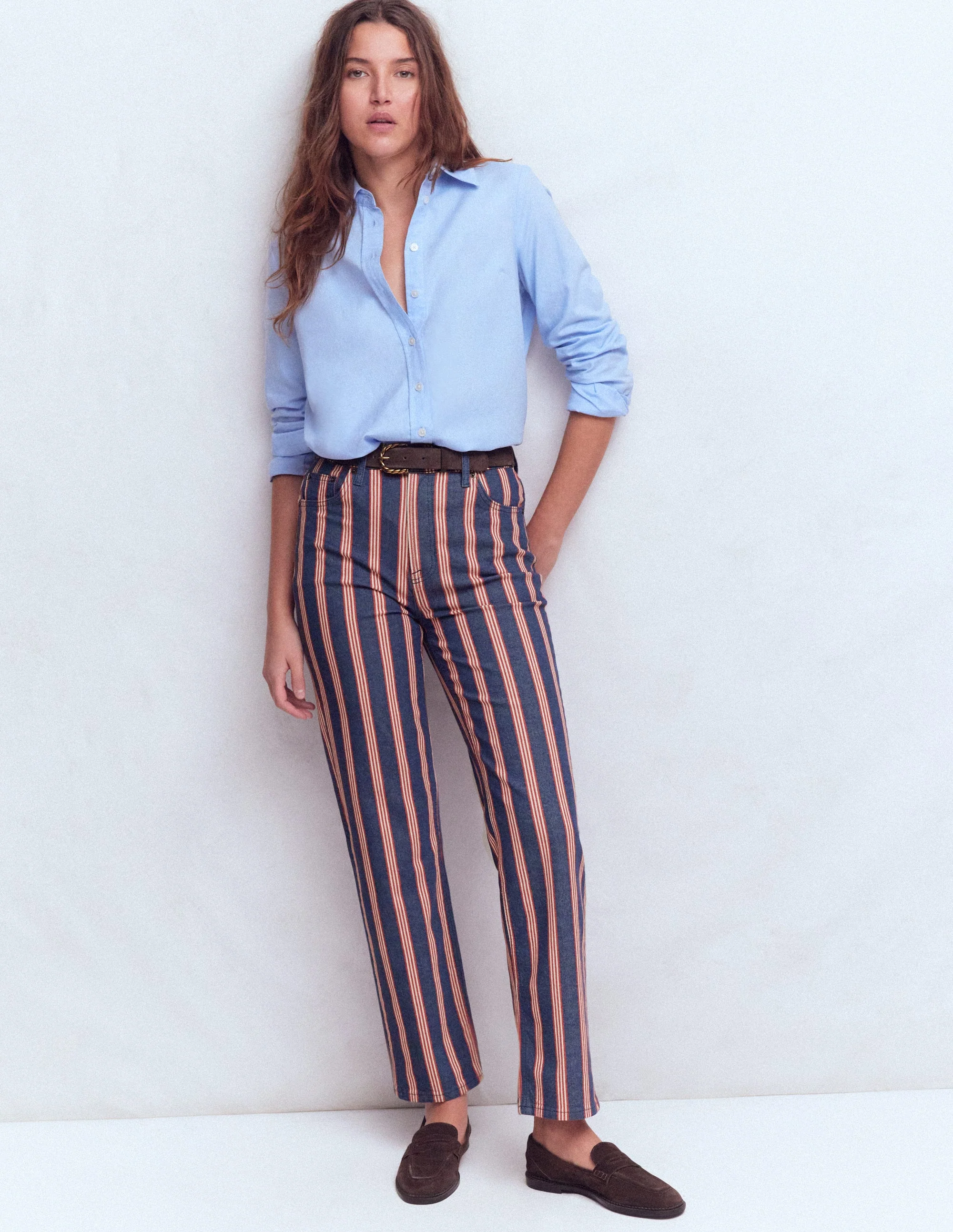 Jeans mit hohem Bund und geradem Bein-Marineblau & Rot Streifen