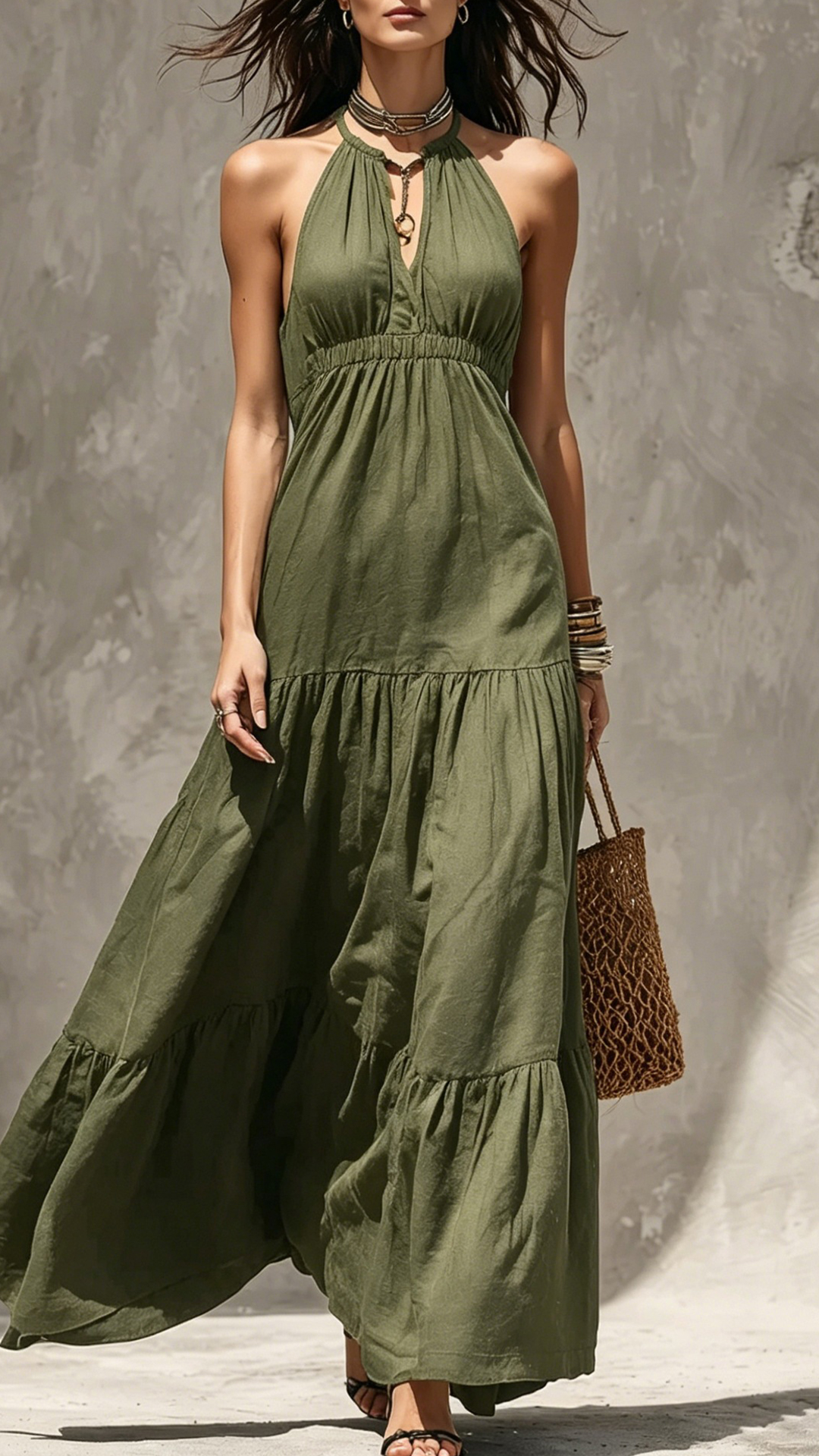 Women's Khaki Halter Waisted Tiered Maxi Dress - Nordfashionstorm - Women's Clothing, Fashion for You - Nordfashionstorm.com
