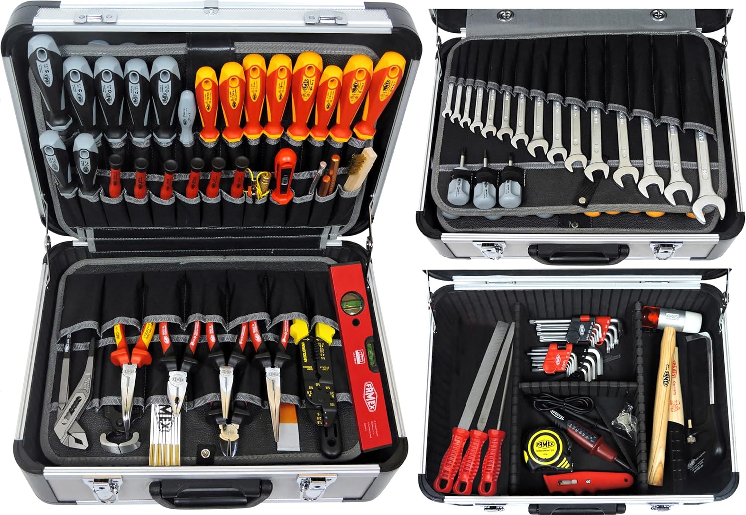FAMEX 418-88 - Cassetta degli attrezzi professionale in alluminio, riempita con set di attrezzi, grande, per uso commerciale, utensili di produzione tedesca, valigetta con tasche