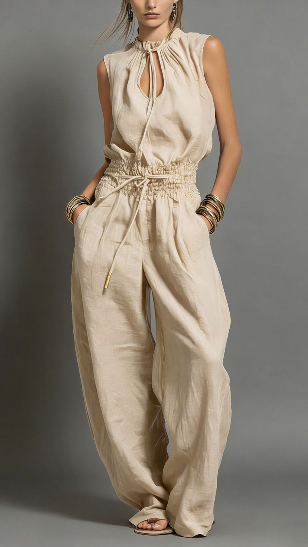 Women's Cotton-Blend Light Beige Waisted Sleeveless Jumpsuit - Nordfashionstorm - Women's Clothing, Fashion for You - Nordfashionstorm.com