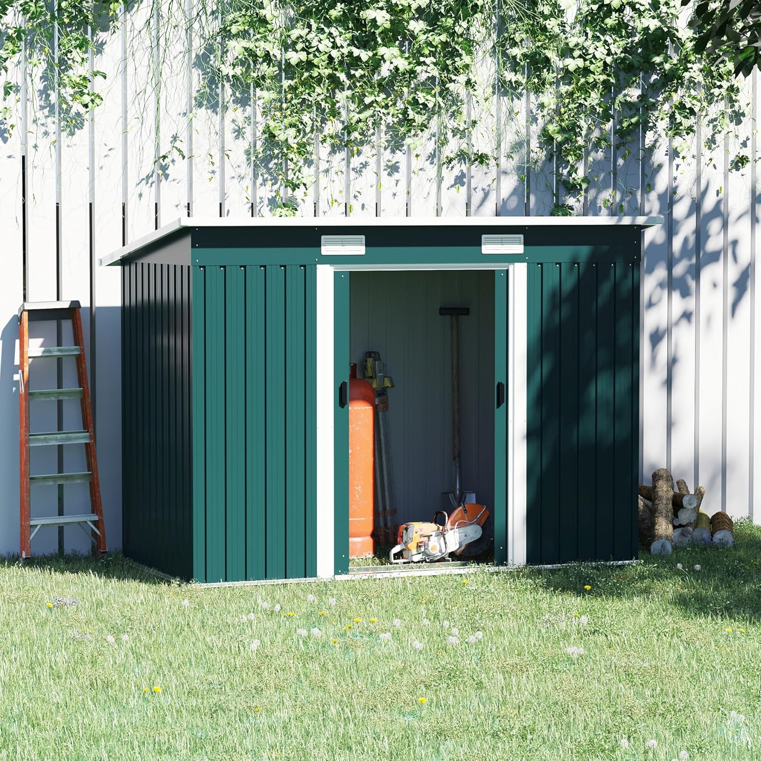 Outsunny Casetta da Giardino 2.9m² in Lamiera d'Acciaio, Capanno Porta Attrezzi da Giardino con Base, Presa d'Aria e 2 Porte Scorrevoli, 261x131x182 cm, Verde