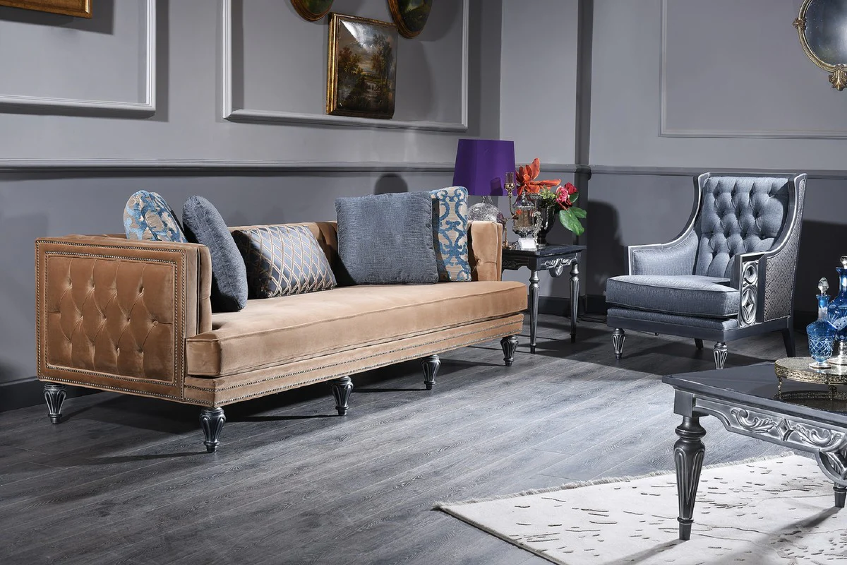 Luxury Baroque Chesterfield Sofa Beige / Silver 250 x 92 x H. 85 cm - Baroque Furniture
