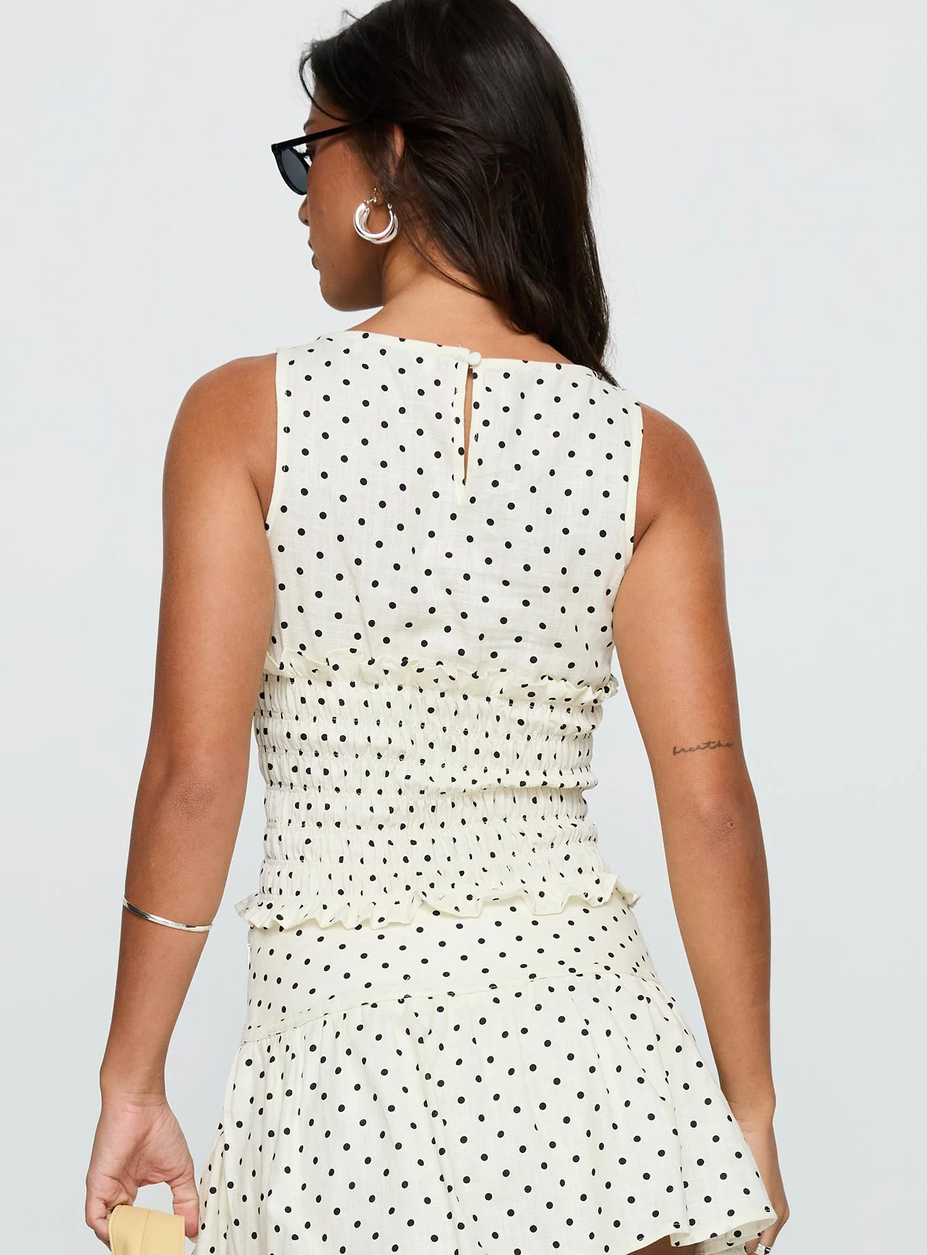Roxee Ruched Linen Blend Top Cream Polka Dot