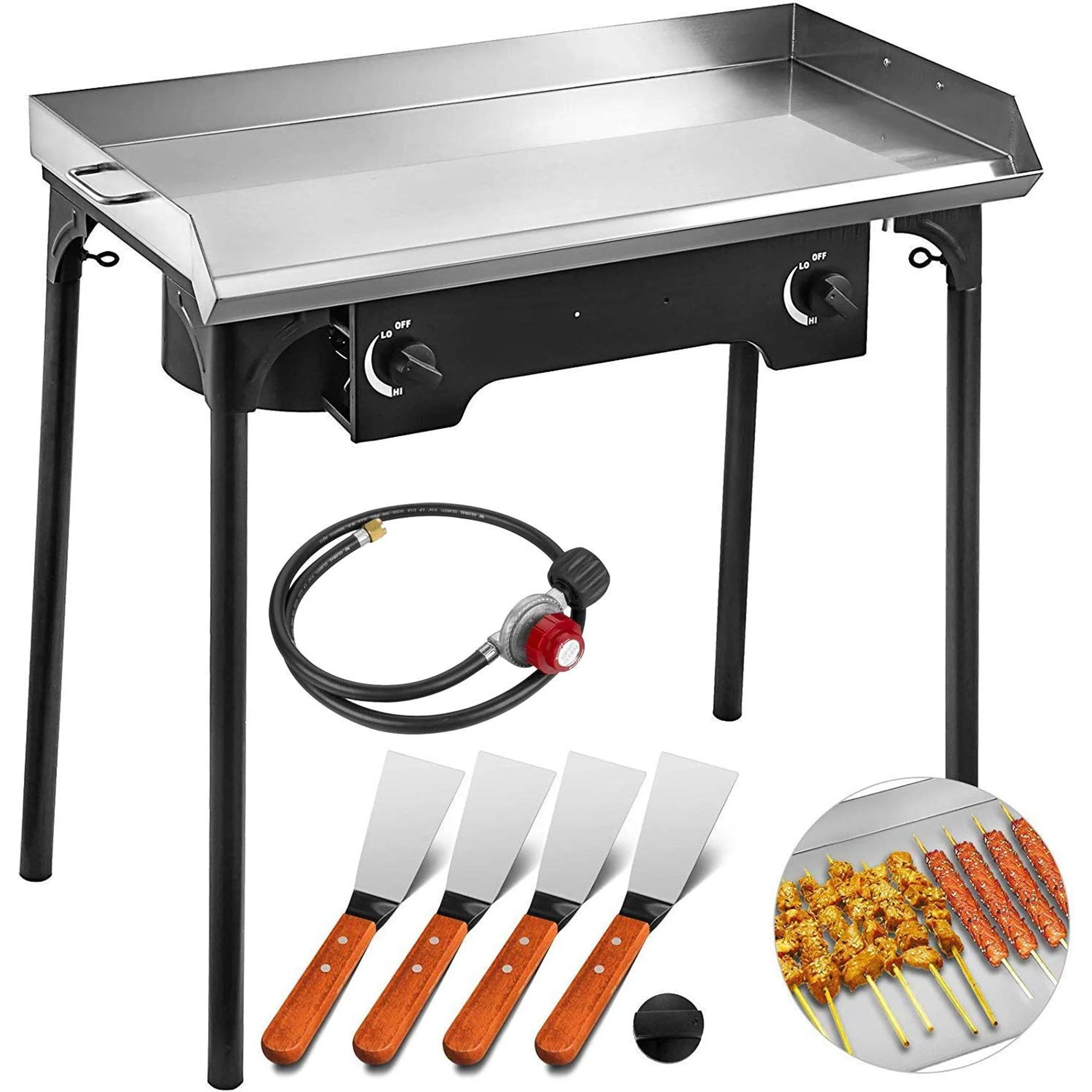 32" x 17" Flat Top Griddle Grill & Propane Fueled,150000 BTU 2 Burners Stove Stainless Steel with 4 Spatula & Scraper Outdoor Griddle Station for Camping