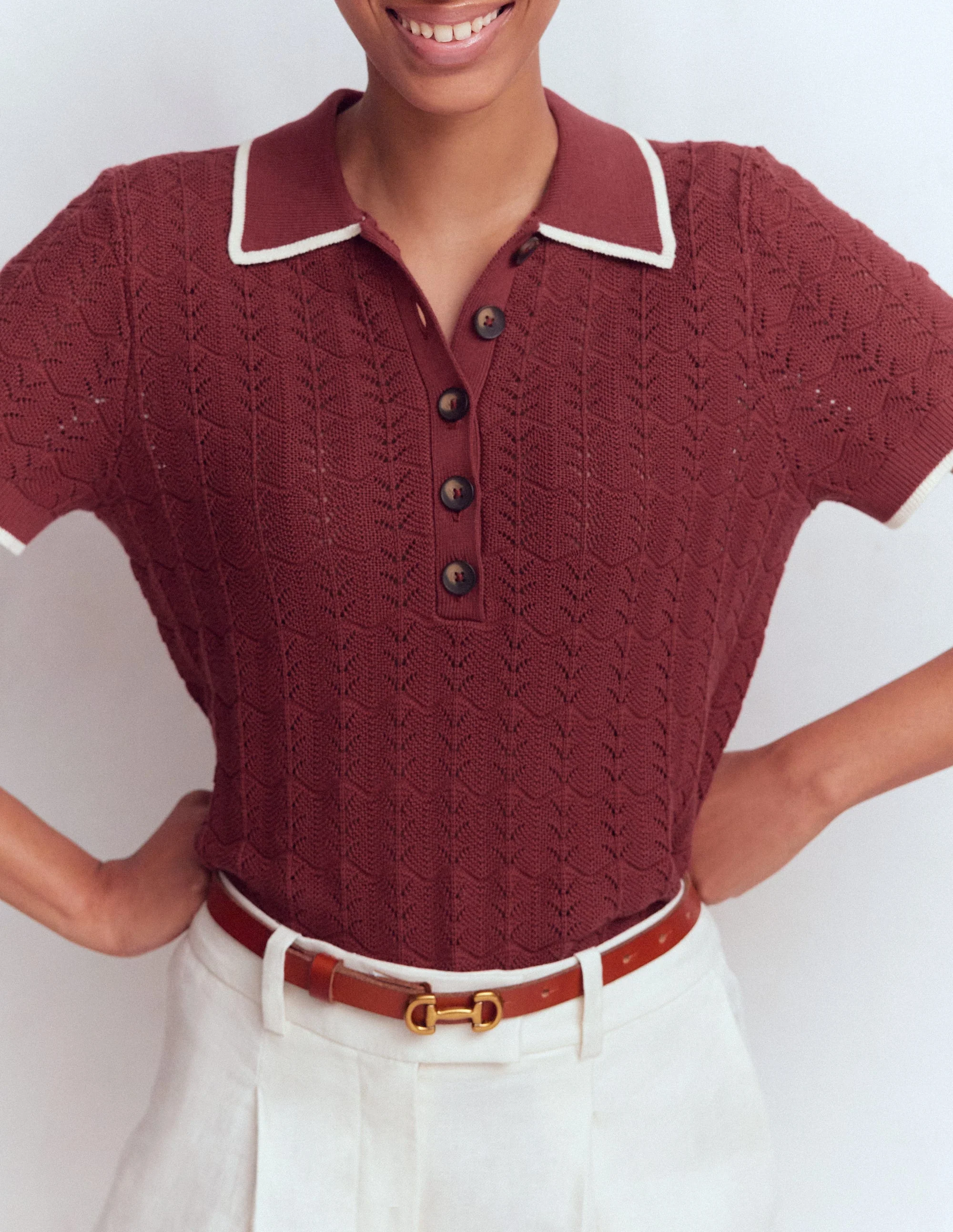 Henley-T-Shirt aus Pointelle-Sattes Kastanienbraun