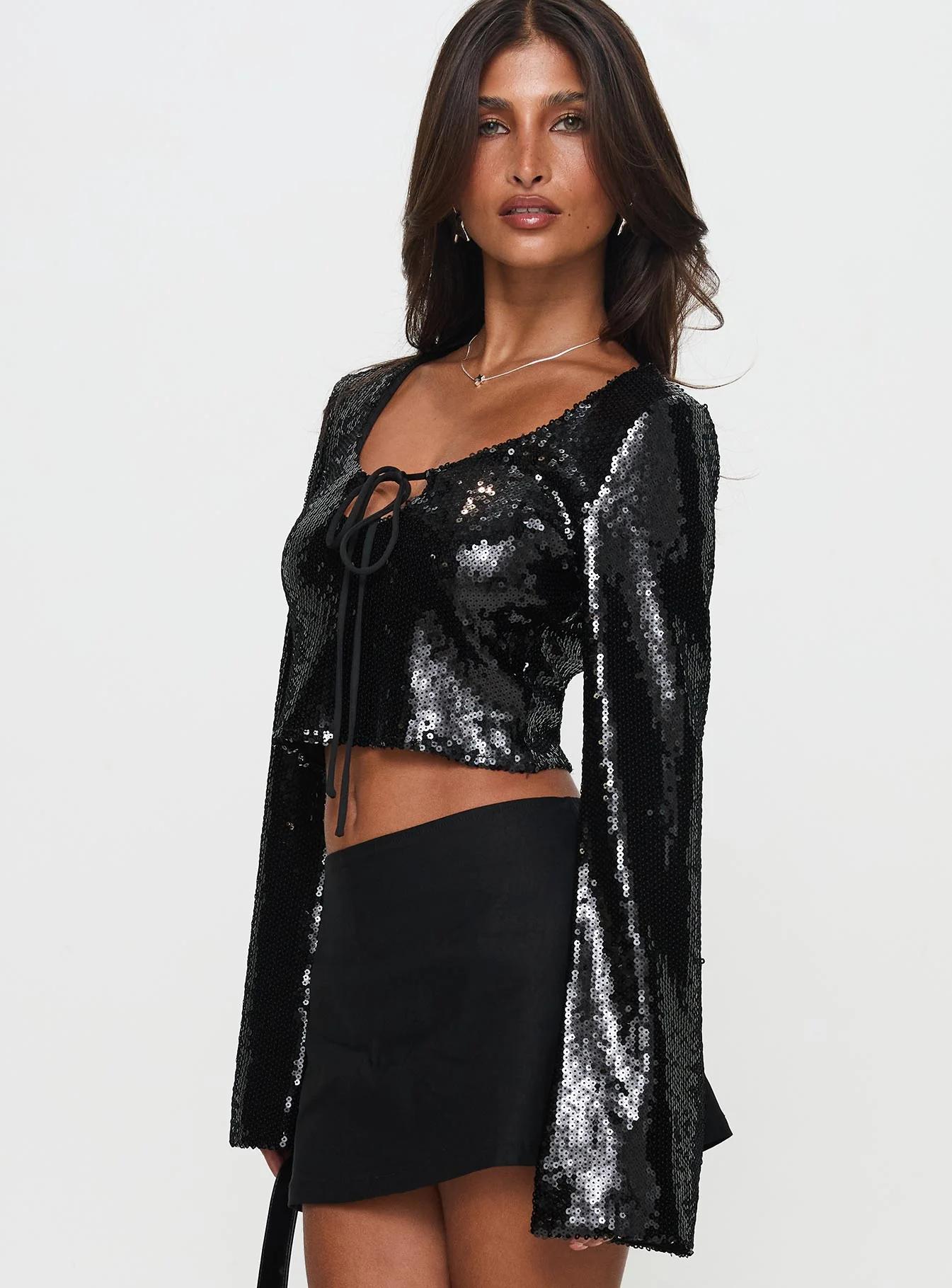 Zenobia Long Sleeve Sequin Top Black