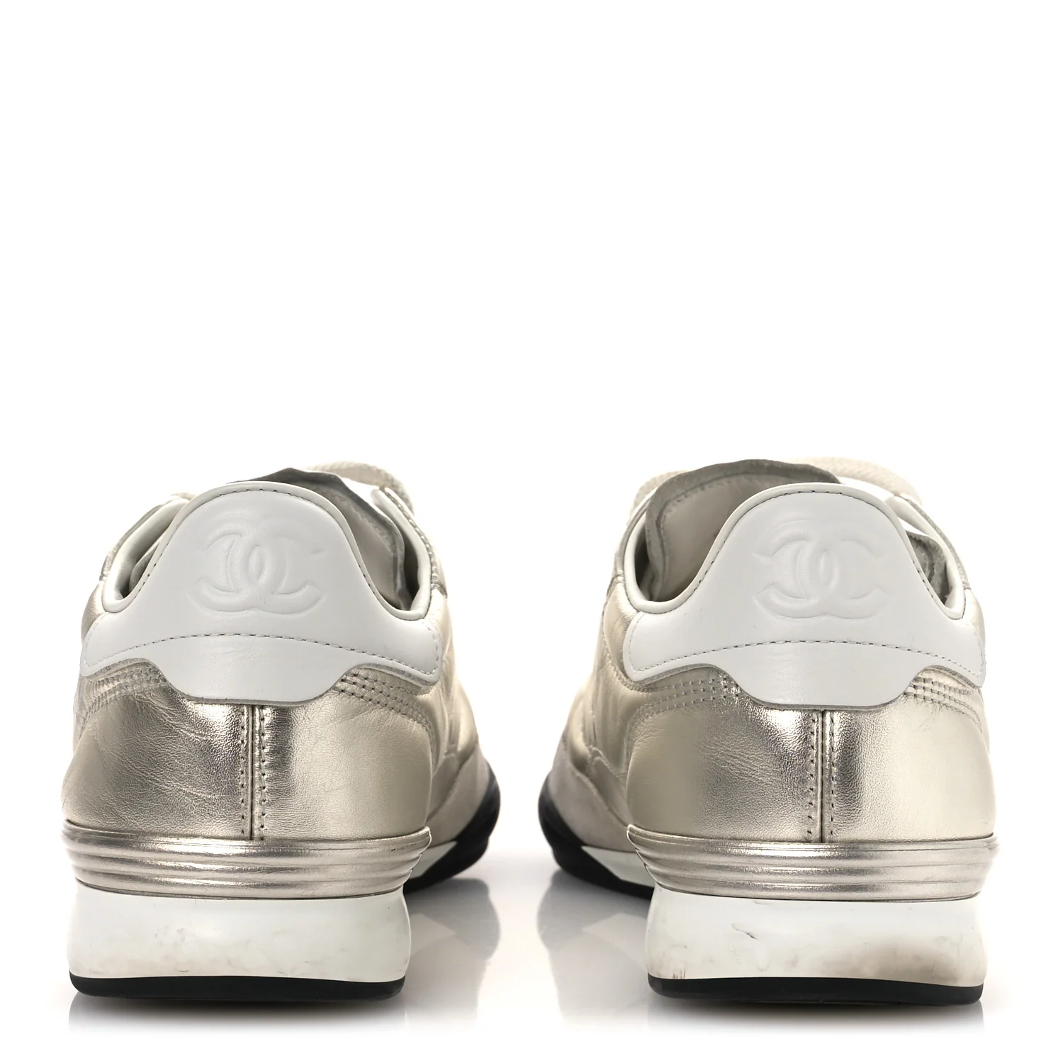 Laminated Calfskin Suede Quilted Womens CC Sneakers 39 Silver White - Top Club