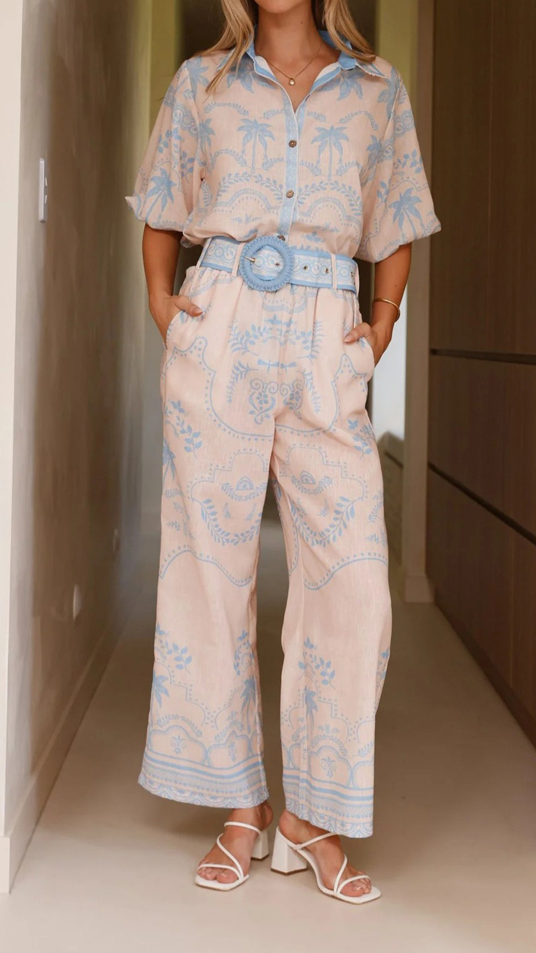 Women's Cotton‑blend Light Apricot Botanical Print Collared Puff Sleeve Top & Wide‑Leg Pants Set - Nordfashionstorm - Women's Clothing, Fashion for You - Nordfashionstorm.com