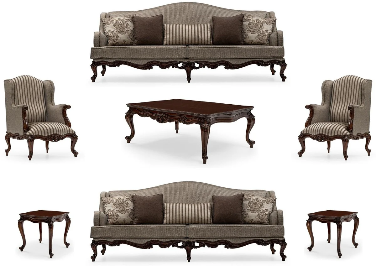 Luxury Baroque Living Room Set Silver / Brown - 2 Sofas & 2 Armchairs & 1 Coffee Table & 2 Side Tables - Handcrafted Living Room Furniture in Baroque Style - Noble & Magnificent